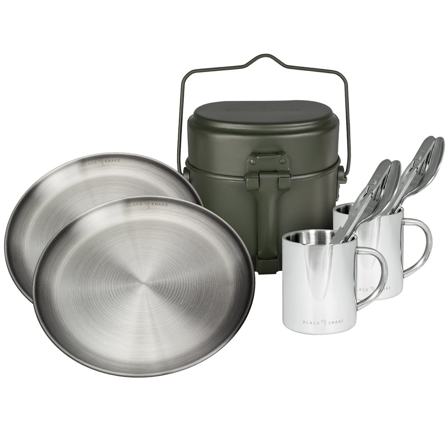 Geschirr-Set Kochgeschirr mit Camping Teller, Besteck und Tasse