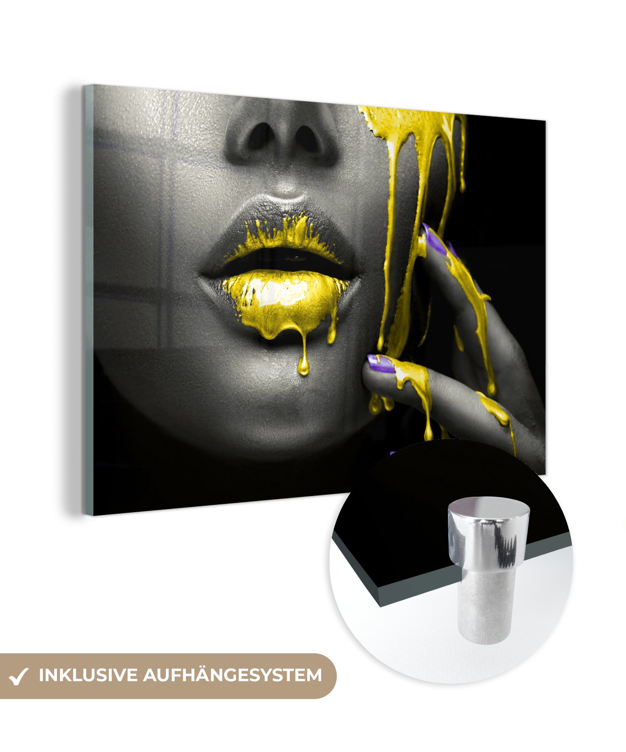 MuchoWow Acrylglasbild Lippen - Gelb - Schwarz, (1 St), Glasbilder - Bilder auf Glas Wandbild - Foto auf Glas - Wanddekoration