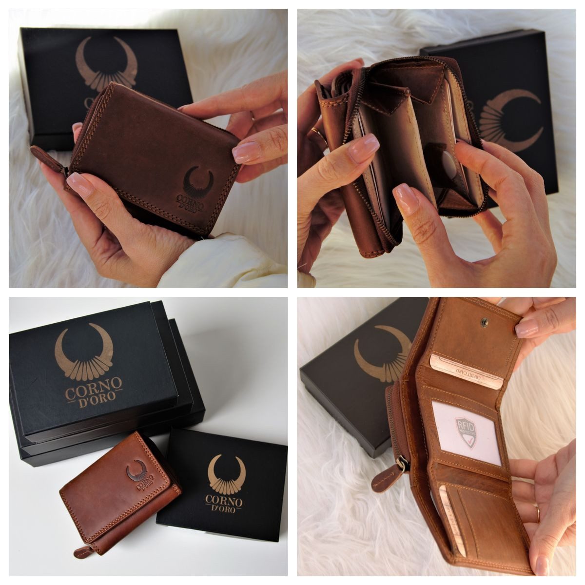 Corno d´Oro Geldbörse Damen Echt Leder klein Handmade Portemonnaie mit RFID Schutz, kleiner Geldbeutel mit RFID Schutz und Geschenkkarton