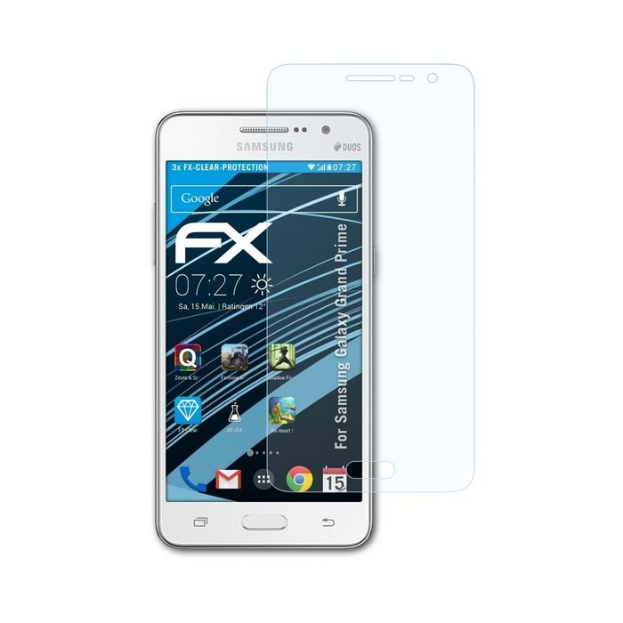 atFoliX Schutzfolie Displayschutz für Samsung Galaxy Grand Prime (3 Folien) Ultraklar und hartbeschichtet
