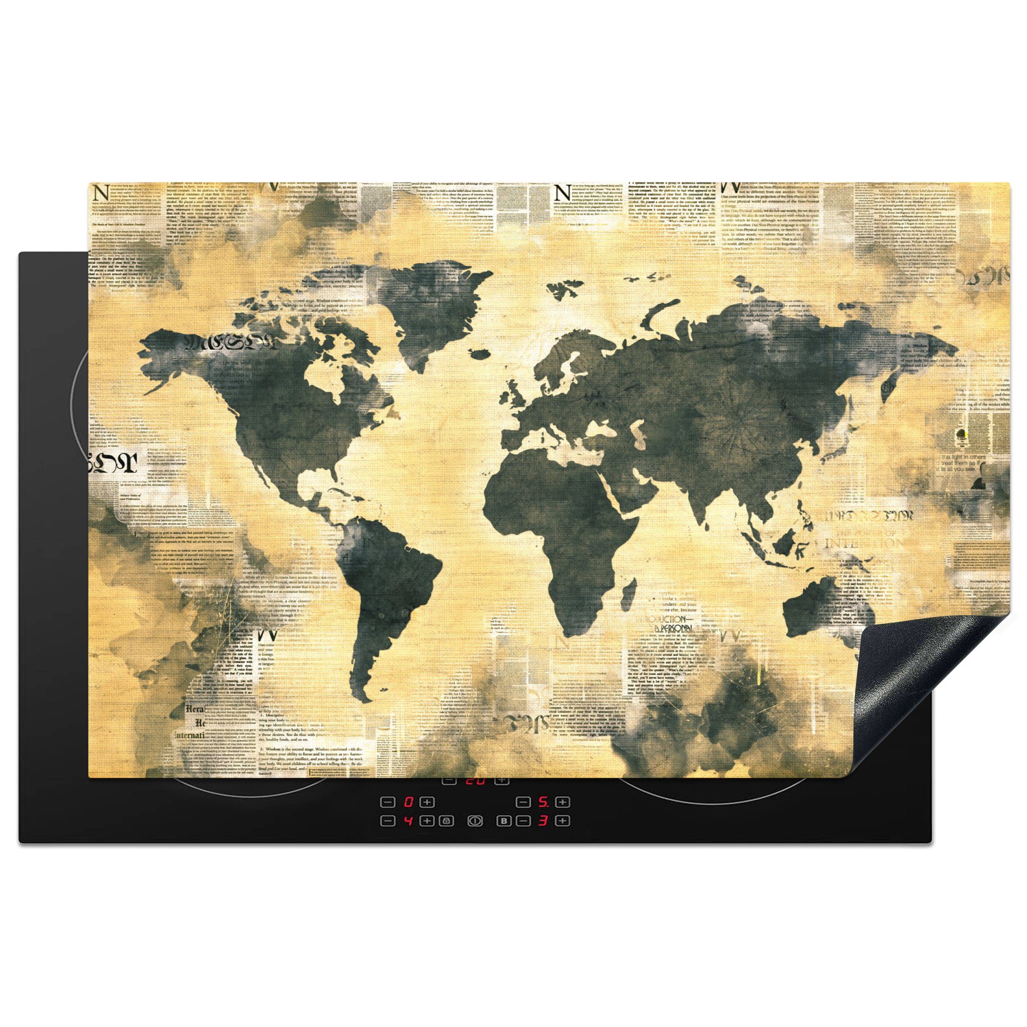 MuchoWow Herdblende-/Abdeckplatte Weltkarte - Gold - Zeitungen, Vinyl, (1 tlg), 81x52 cm, Induktionskochfeld Schutz für die küche, Ceranfeldabdeckung | Herdabdeckplatten