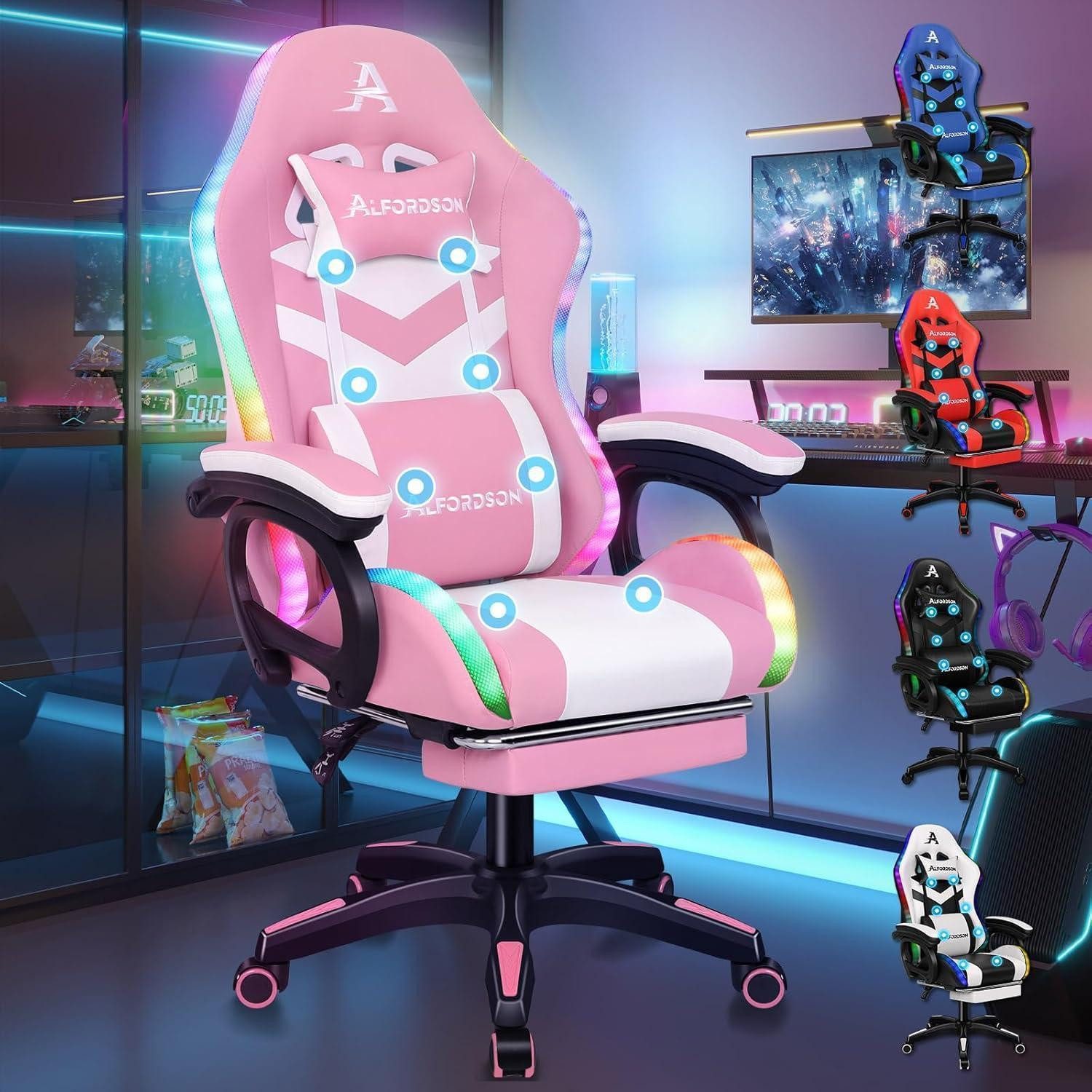 LuxusKollektion Gaming-Stuhl Gamer Stuhl Ergonomisch mit Massagefunktion und USB-Anschluss, Rosa