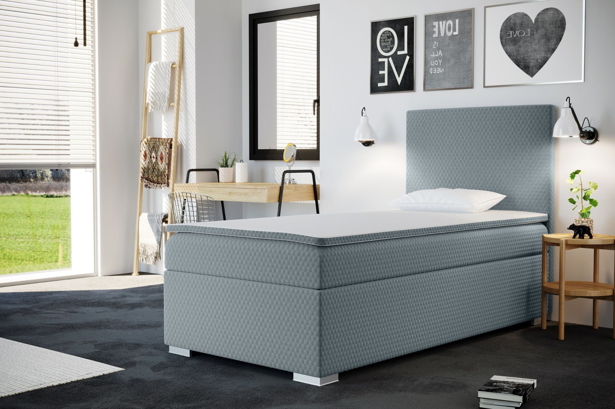 Kaiser Мебель Kinderbett Boxspringbett mit bettkasten matratze topper ICON (Komplettset (Bett + Matratze + Topper), Kinderbett mit Matratze und Topper, Komplettset), Gepolsterte Seiten mit Rundungen,3D-geprägter Bezug (SAWANA)