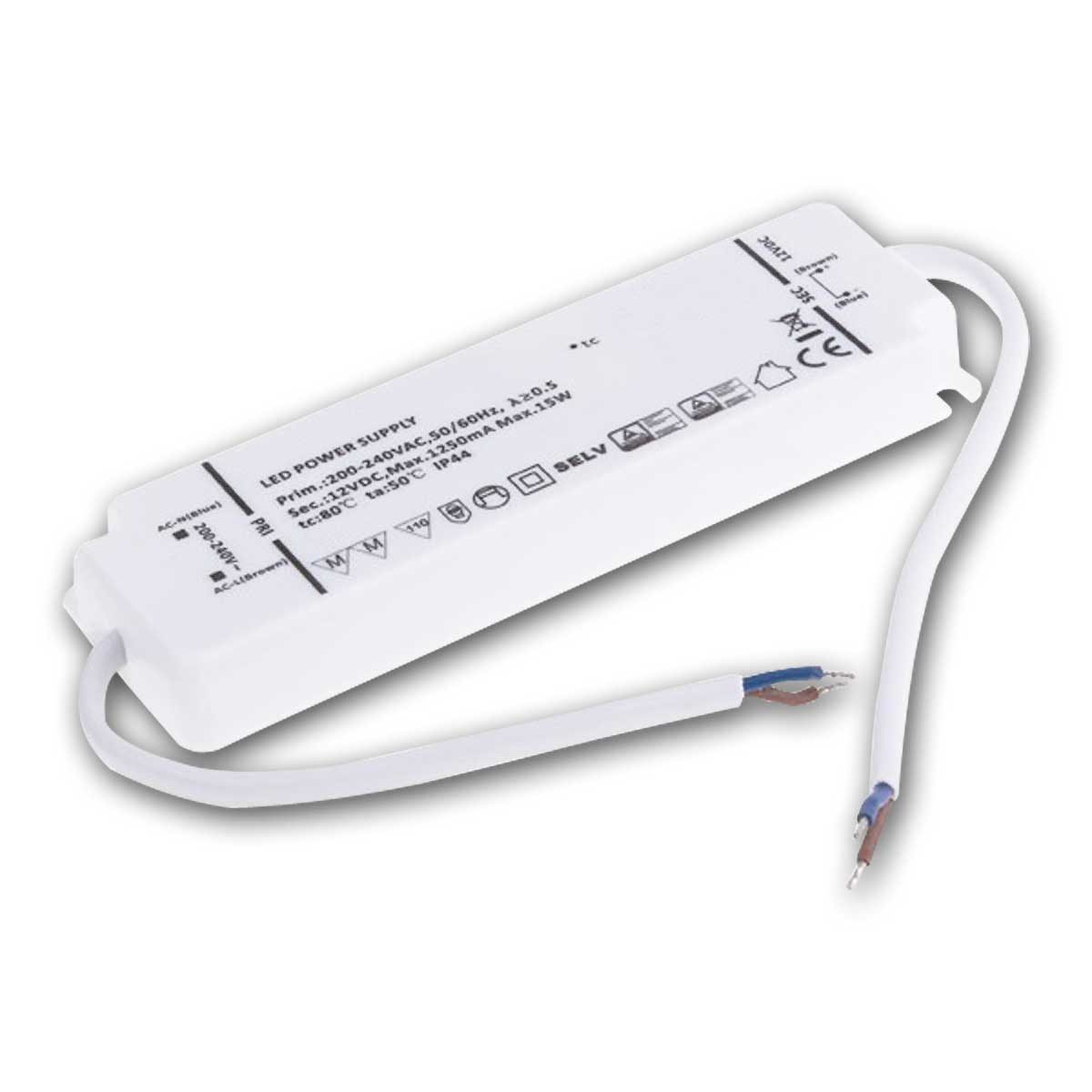 Designlight LED Trafo SLIM IP44, 12V DC 15W, 2x 15cm Kabel LED Trafo