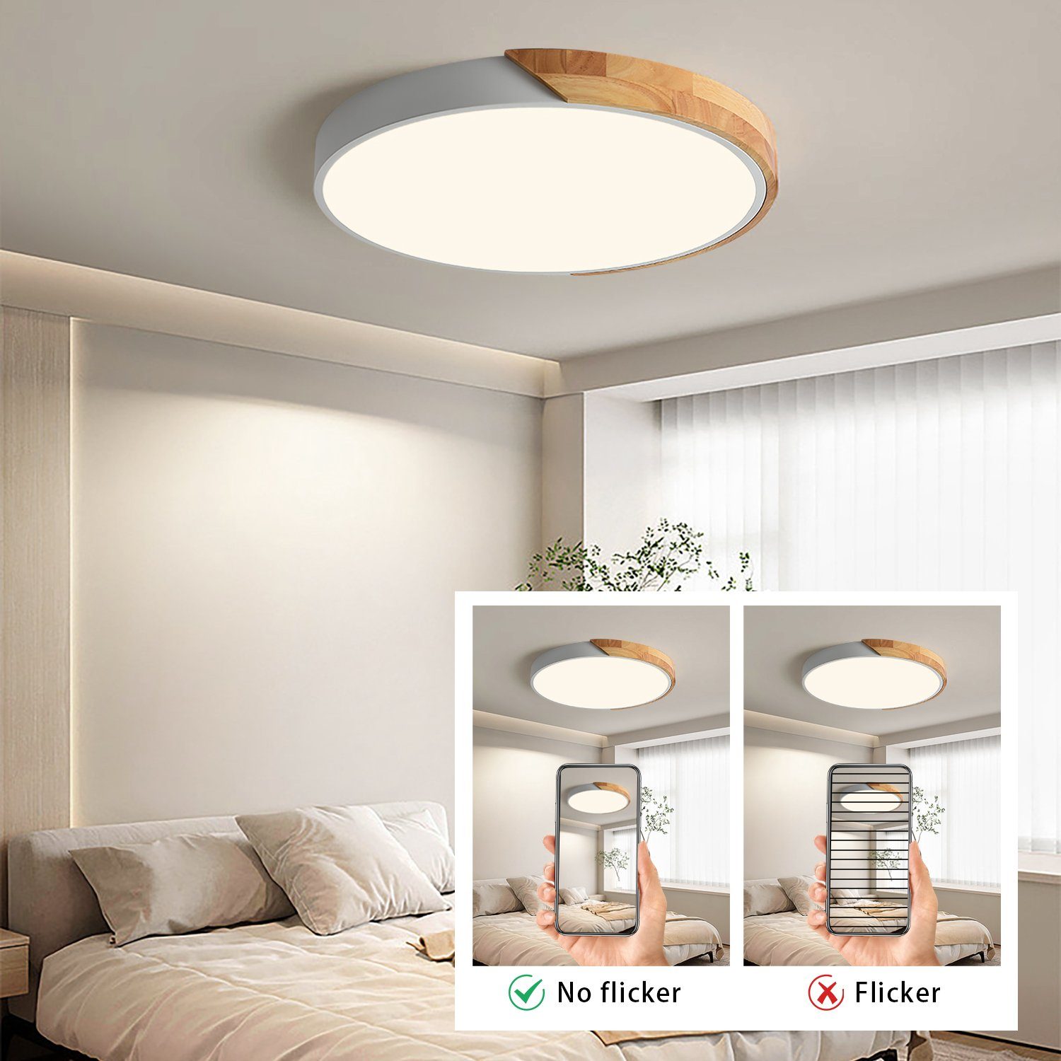 integriert, Warmliches Ø40cm Weiß, 36W 3000K, JDONG Holz LED passend für,Wohnzimmer, Deckenlampe Rund LED Schlafzimmer, fest Durchmesser Deckenleuchte