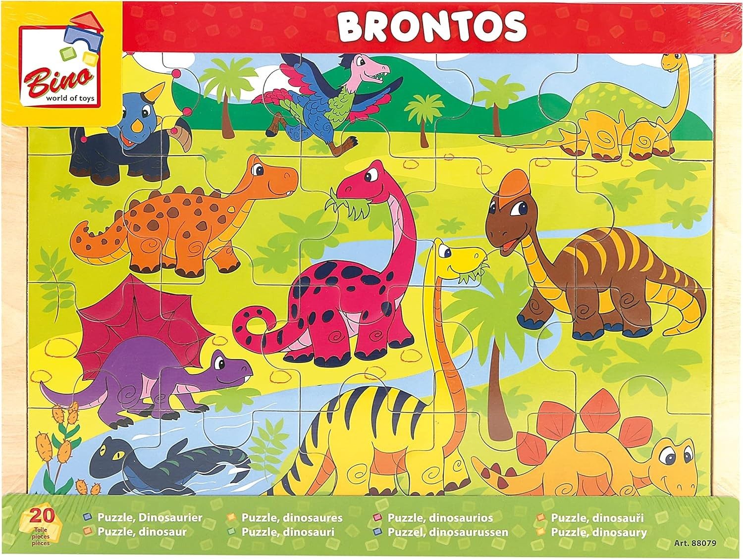BINO Puzzle Bino 88079 - Brontos Steckpuzzle Dinosaurier, 20-teilig, Holz, Puzzleteile