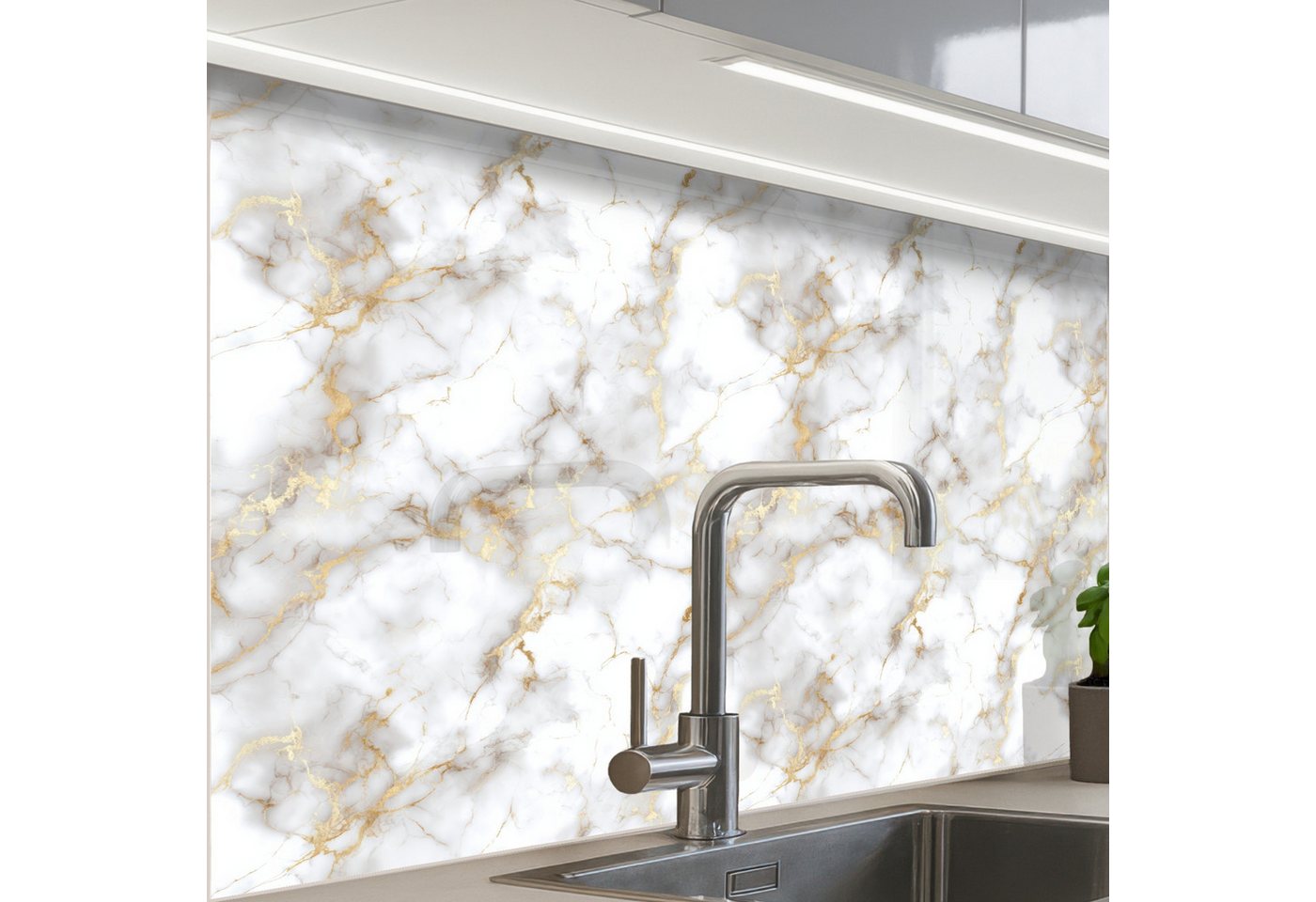 KitchenYeah Küchenrückwand Muster selbstklebend (keine Folie) Goldene Adern - Marmor - Weiß, (1-tlg), Spritzschutz, Küche, Rückwand, Küchenwand, Küchenfront, 30x20 cm