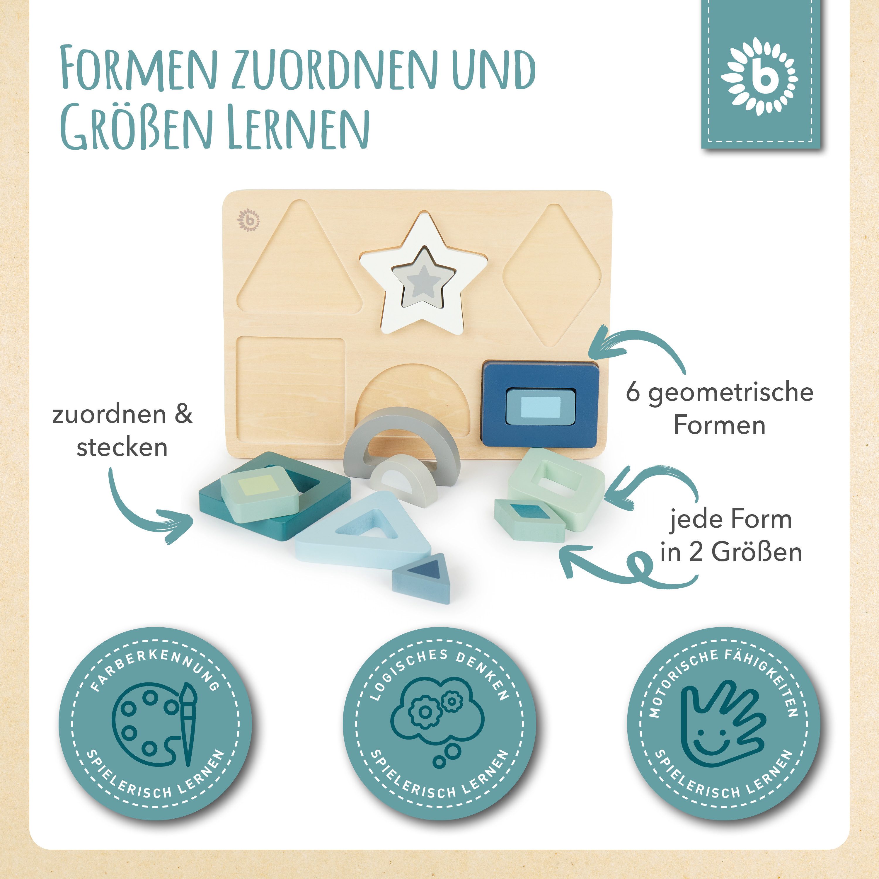 BIECO Steckpuzzle Steckpuzzle Holz Geometrische Formen Puzzle Baby Holzspielzeug, Puzzleteile