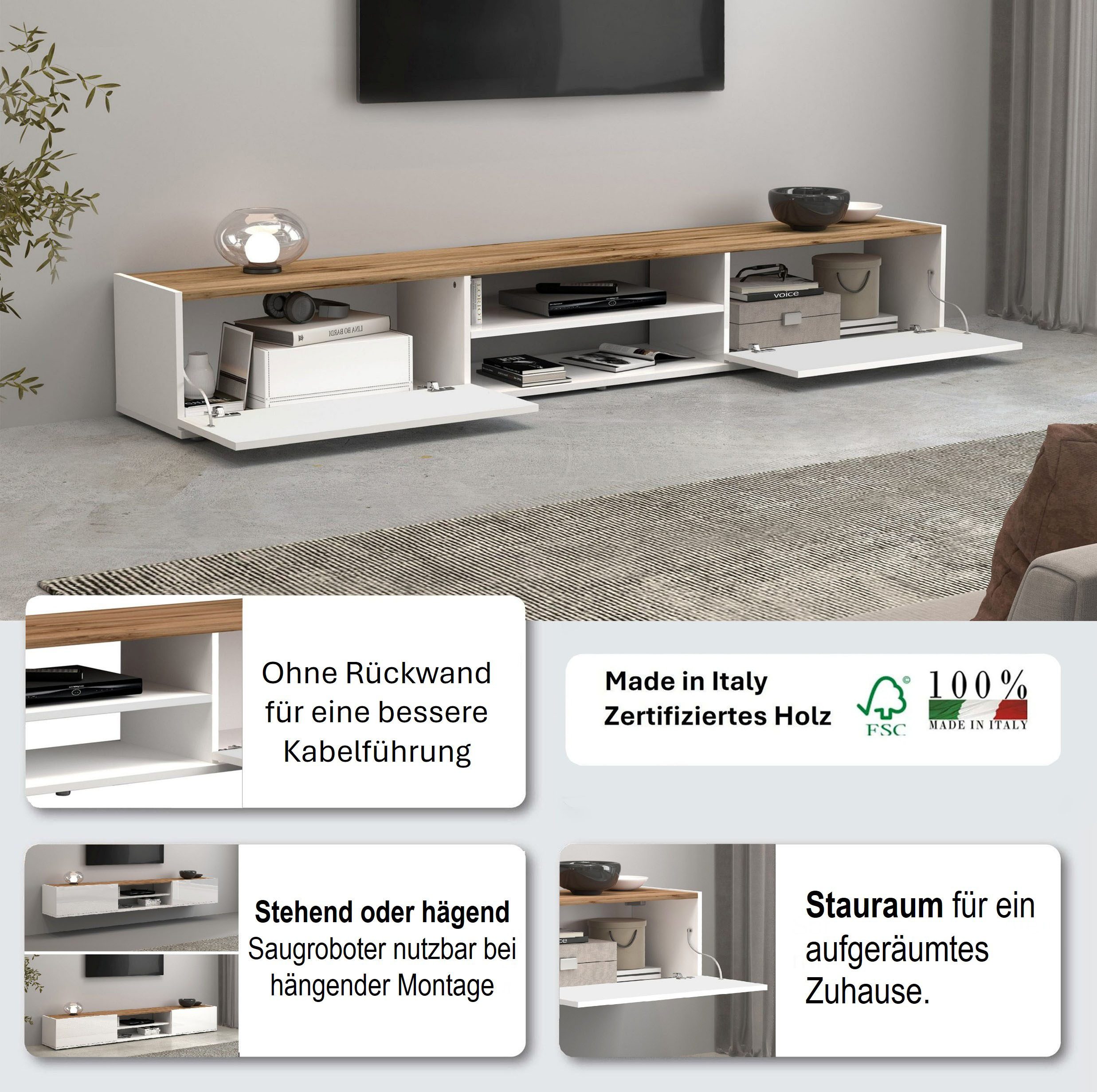 OTTO home Lowboard Garda,TV-Kommode,TV-Möbel,TV-Bank, stehend und hängend, Hochglanzlackierte Fronten, Korpus matt, 2 Klappen, Breite 210 cm