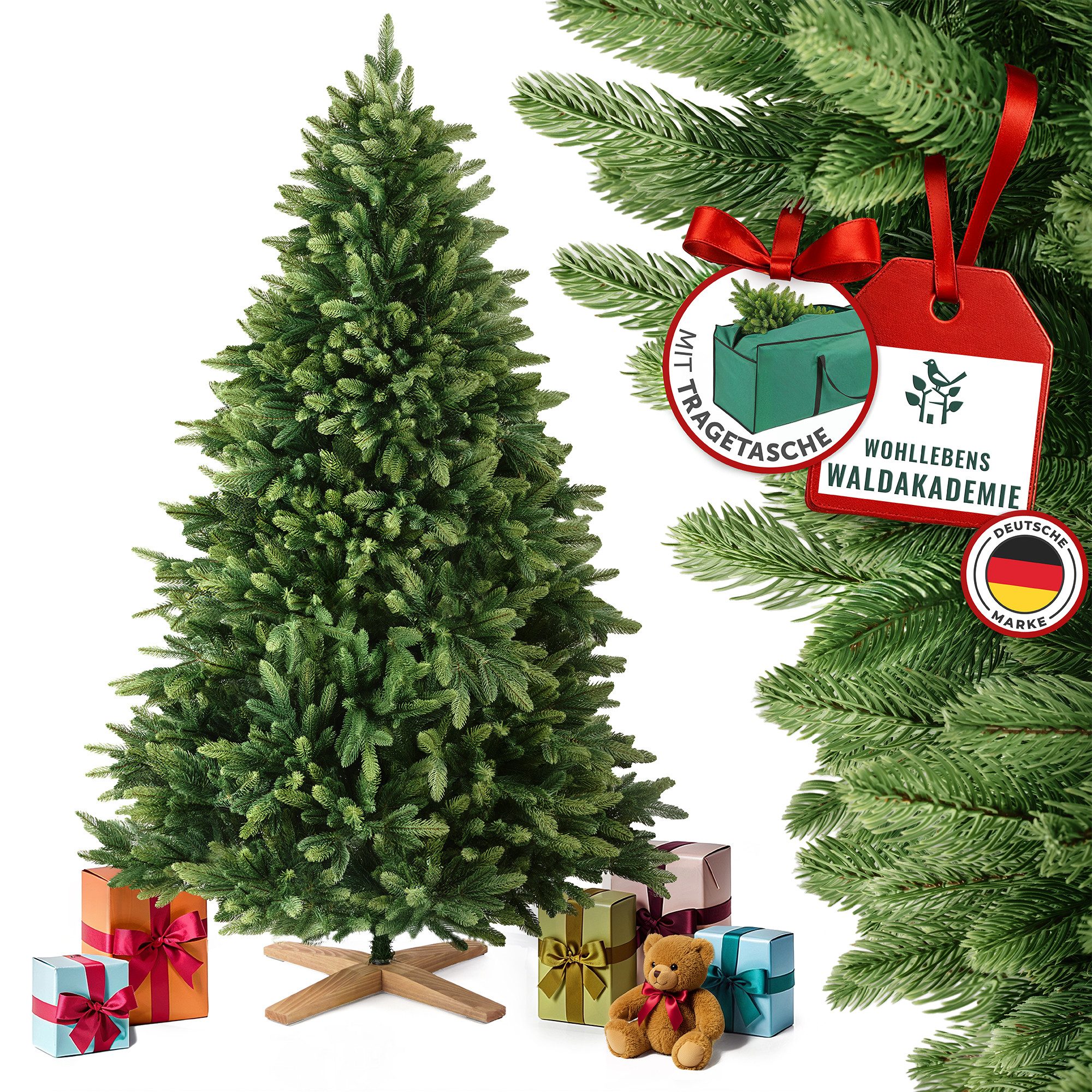 MERRY TREE Künstlicher Weihnachtsbaum Luxus Kunst-Tannenbaum, 100 % PE-Nadeln, Holzfuß, Nordmantanne, mit/ohne LED-Beleuchtung, Tannenbaum Spritzguss