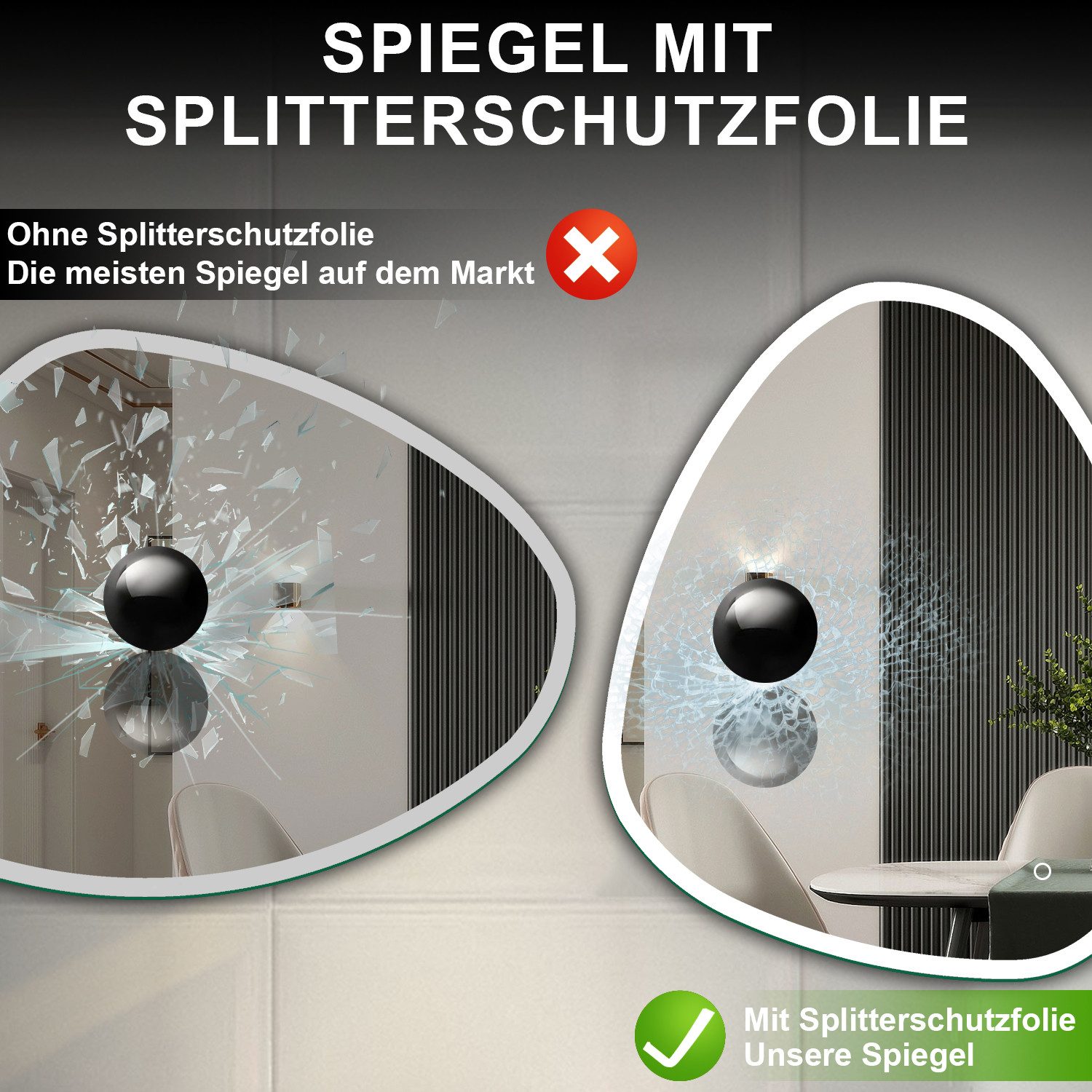 Duschparadies GmbH Badspiegel LED‑Badezimmerspiegel, asymmetrischer Wandspiegel mit 3 Lichtfarben – Bild 5 von 5