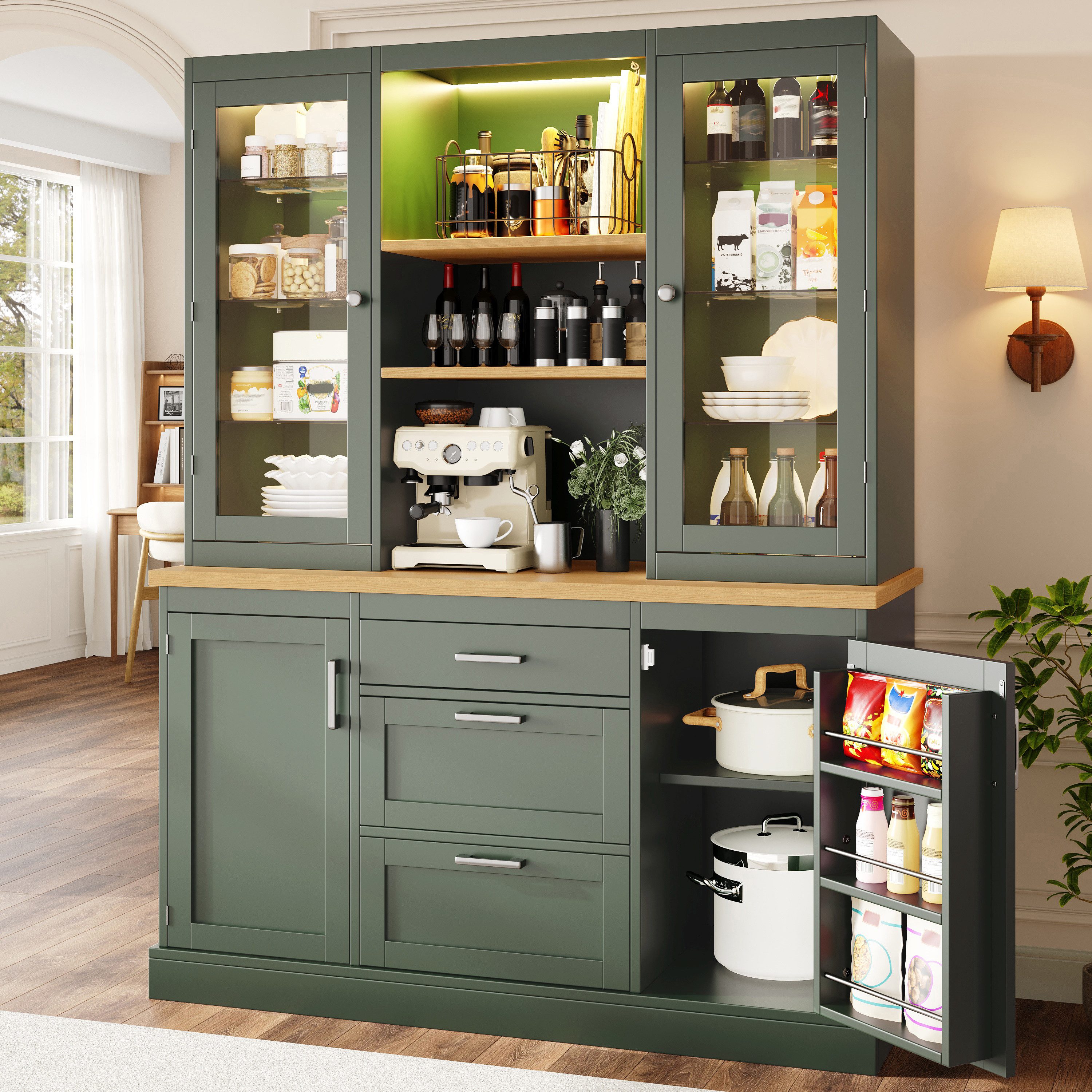 Flieks Küchenbuffet mit LED-Beleuchtung, verstellbarer Glaseinlegeböden und Arbeitsplatte (1-St., B140/T40/H185 cm) Hochschrank Küchenschrank Glasvitrine in Landhausstil Grün