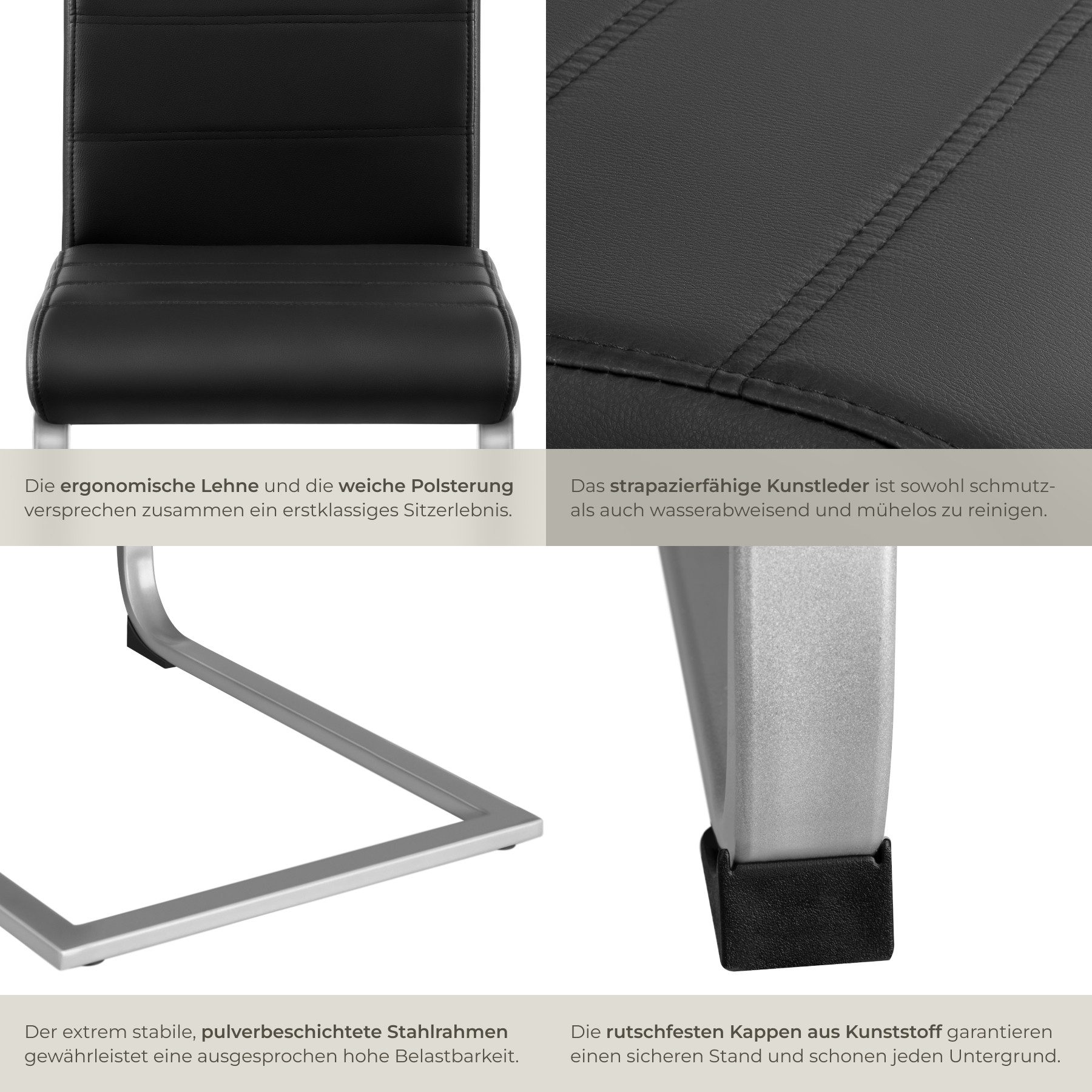 tectake Esszimmerstuhl Küchenstuhl gepolstert mit Kunstlederbezug, 41 x 52 x 99 cm (Schwingstuhl Bettina in schwarz, 2 St), hohe Rückenlehne, Stahlgestell, bode – Bild 5 von 5