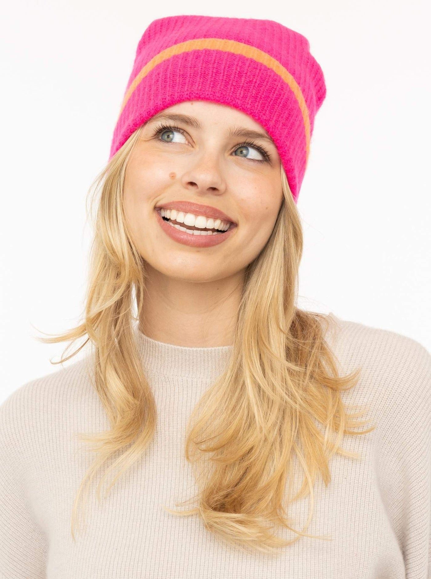Zwillingsherz Strickmütze 100% Cashmere Gerippte Mütze "Kontrast"