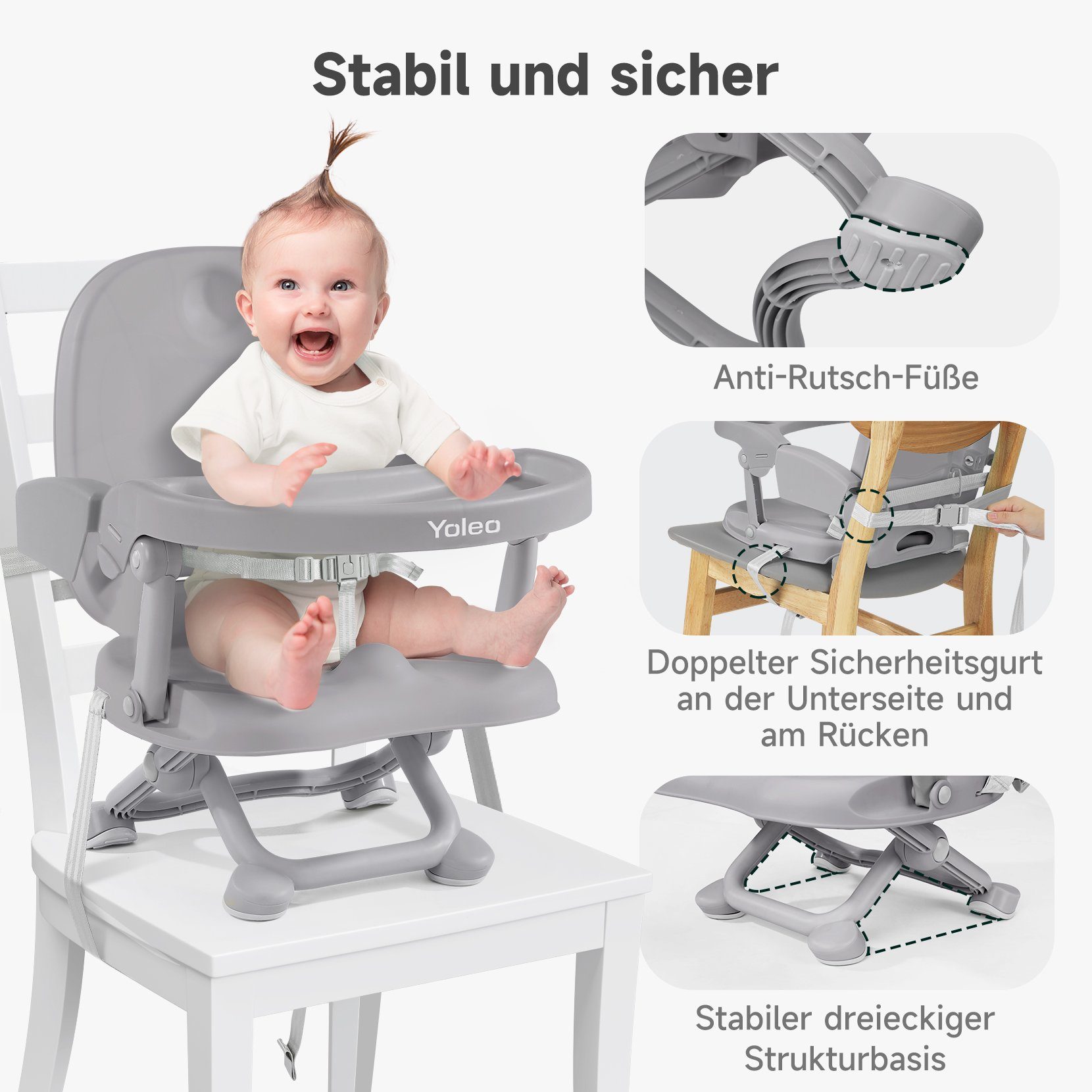 grau YOLEO Verstellbarkeit, Reisehochstuhl tragbar einfache YOLEO leicht strukturiert faltbar Sitzerhöhung Praktisch, und Babys, sein und stabil Reinigung, für sicher, Unterwegs, Booster für