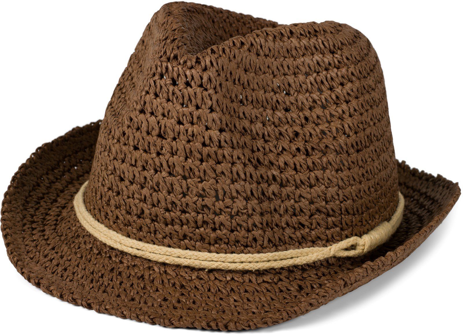 styleBREAKER Sonnenhut (1-St) Trilby Sonnenhut in Häkeloptik mit Zierband Braun-Beige