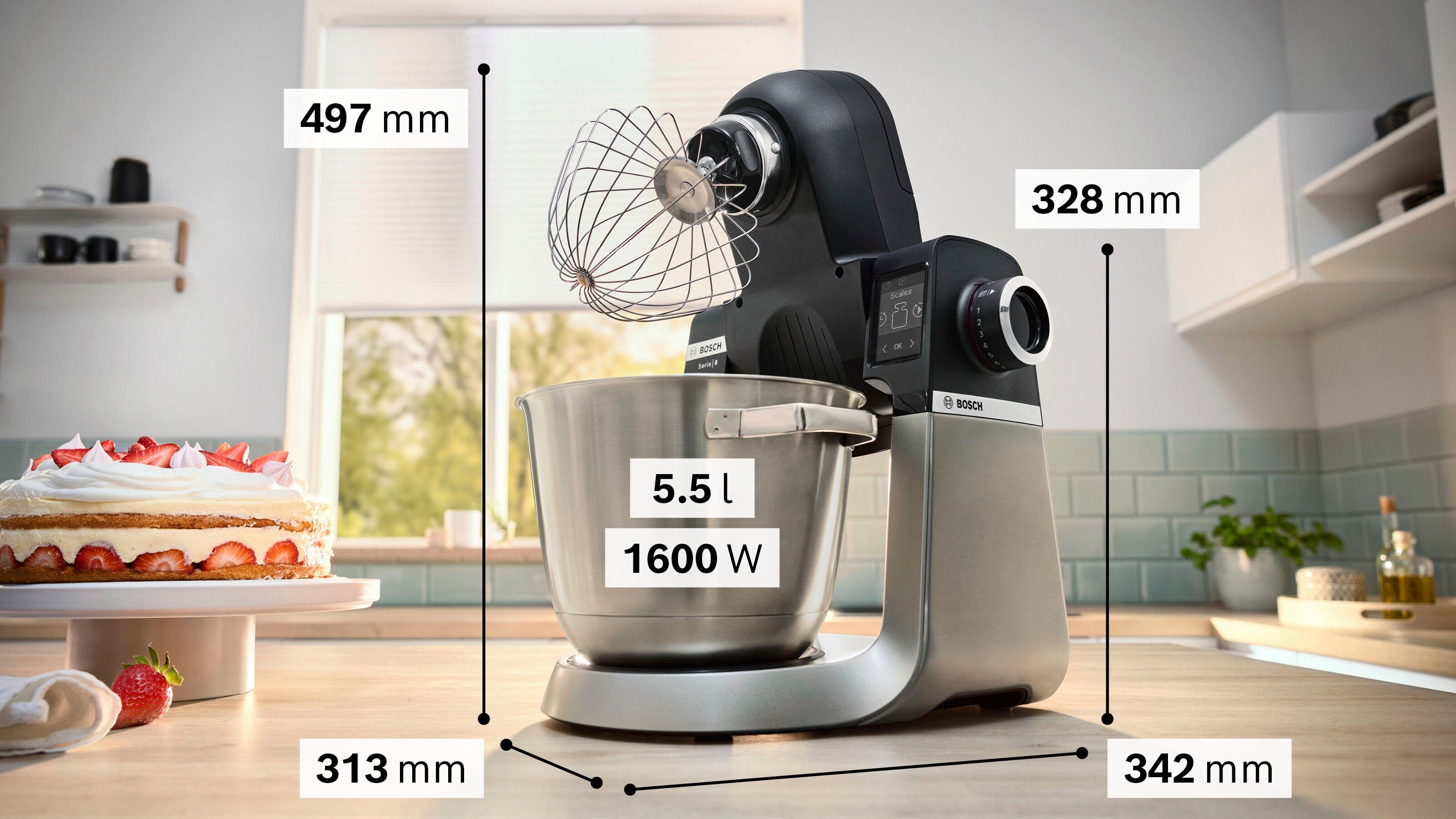 BOSCH Küchenmaschine Serie Waage, 6 1600 mit genauer W, Sensortechnologie MUMS6ZS13D 1g Schüssel l 5,5