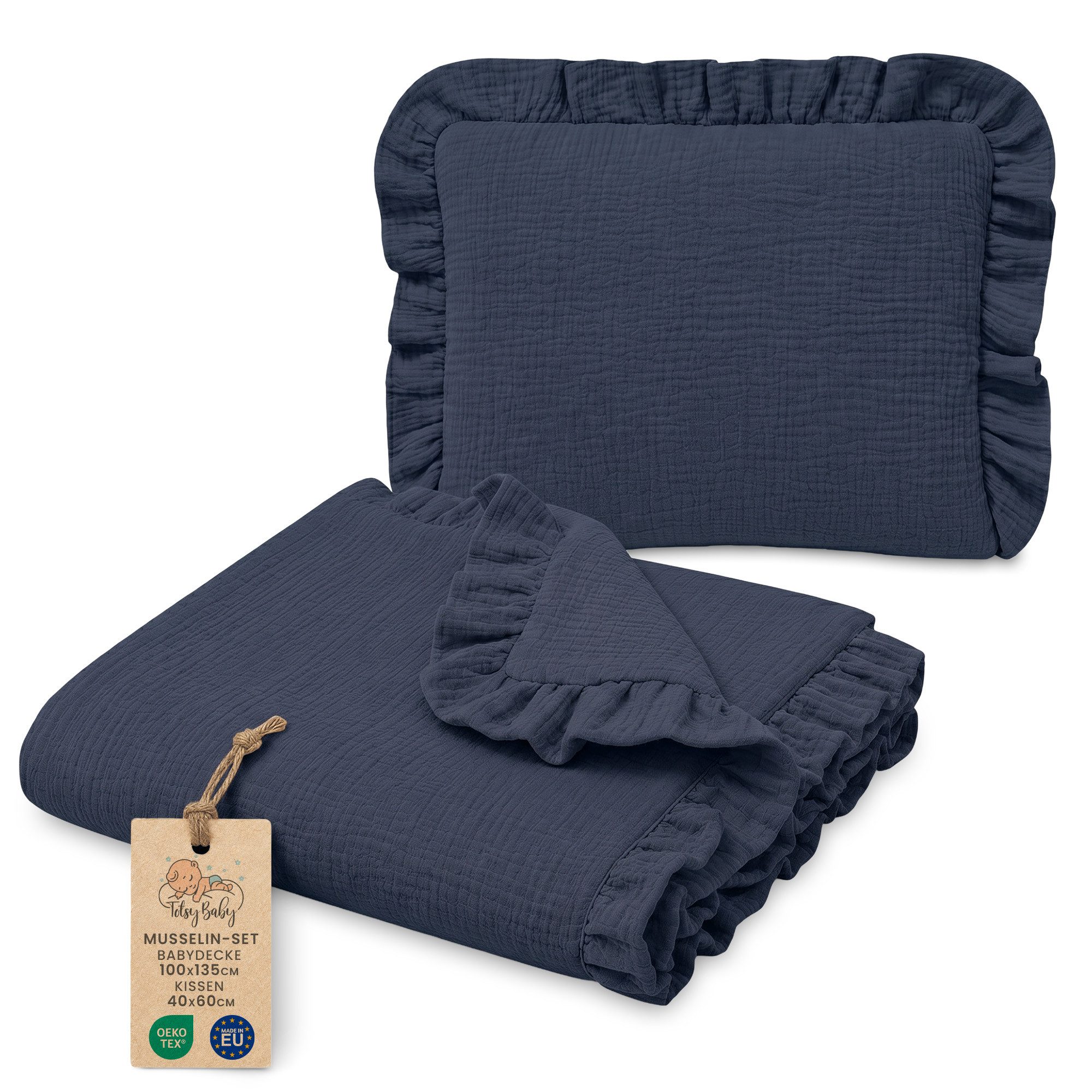 Babydecke Musselin Decke Baby Set 75x60 cm + Kissen 40x30 cm mit Rüschen, Totsy Baby