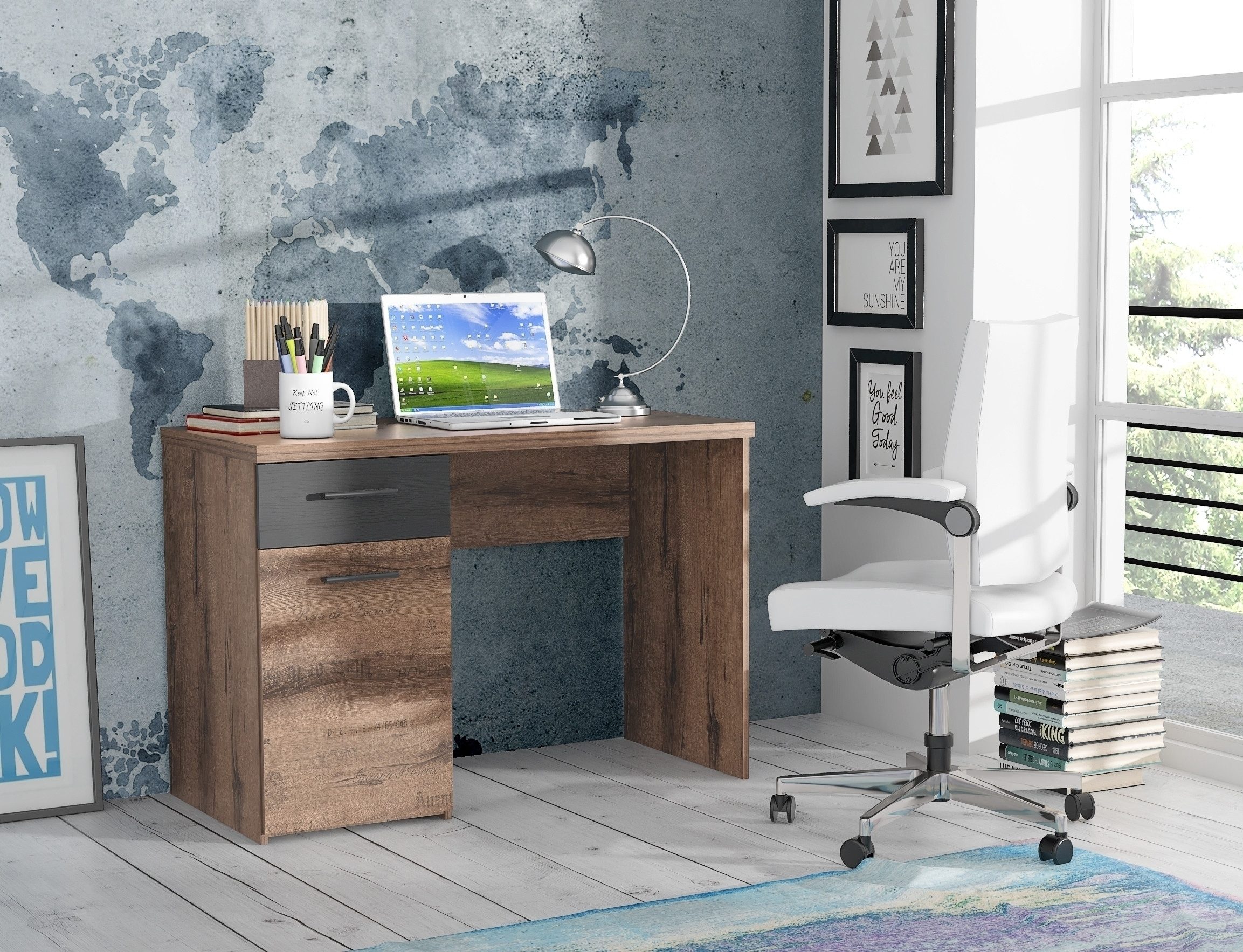 freiraum Schreibtisch JACKY, Script-Schlameiche / Schwarz Eiche Dekor - 110x76,5x52,7cm (B/H/T)