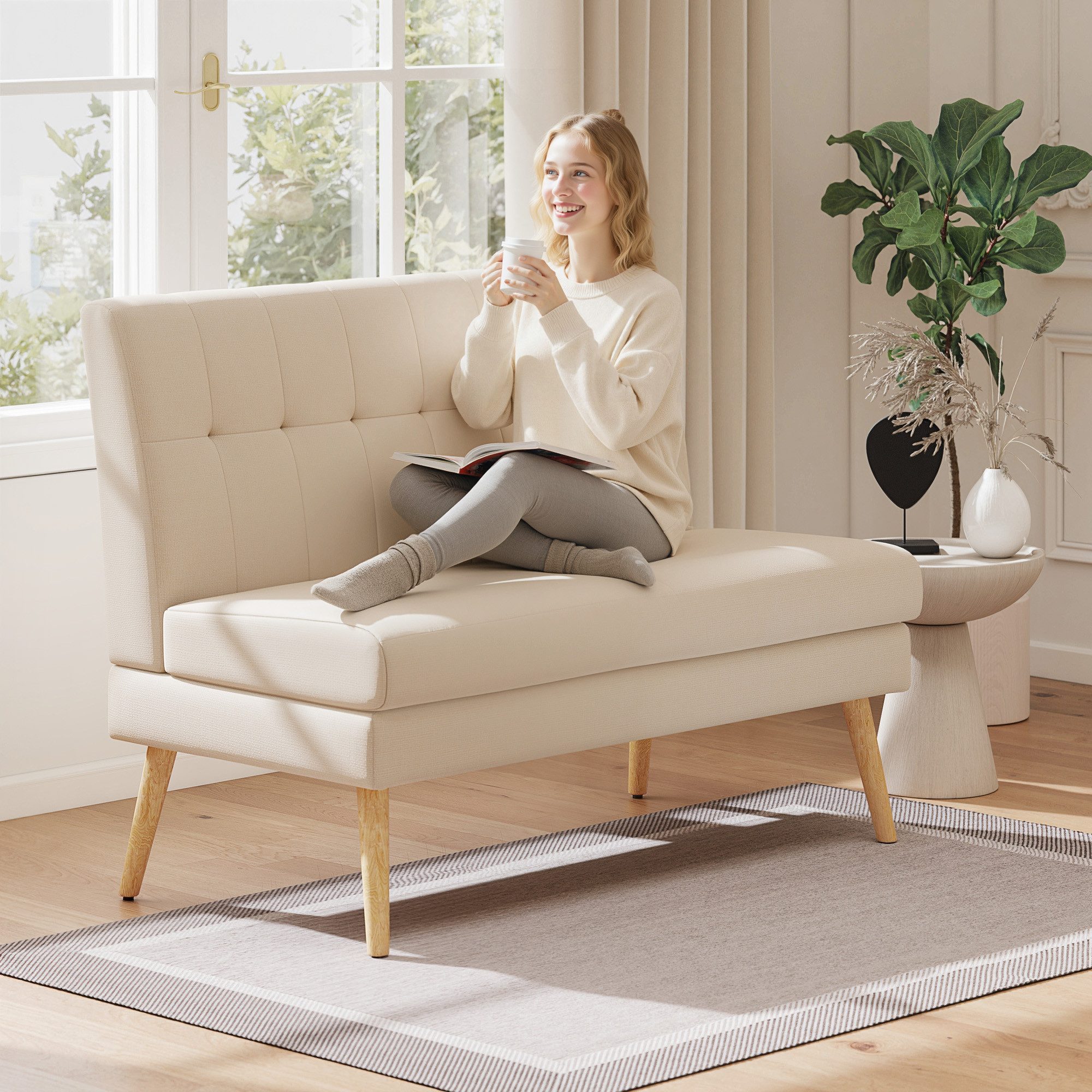 HOMCOM 2-Sitzer mit Massivholzbeine, Leinenoptik, Couch 1 Teile, für Wohnzimmer, Schlafzimmer, Beige