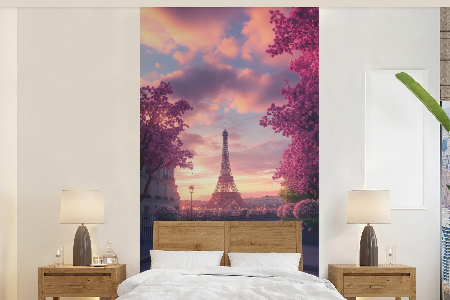 MuchoWow Fototapete Eiffelturm - Paris - Rosa, Matt, bedruckt, Vliestapete für Wohnzimmer Schlafzimmer Küche, Fototapete, 120x240 cm