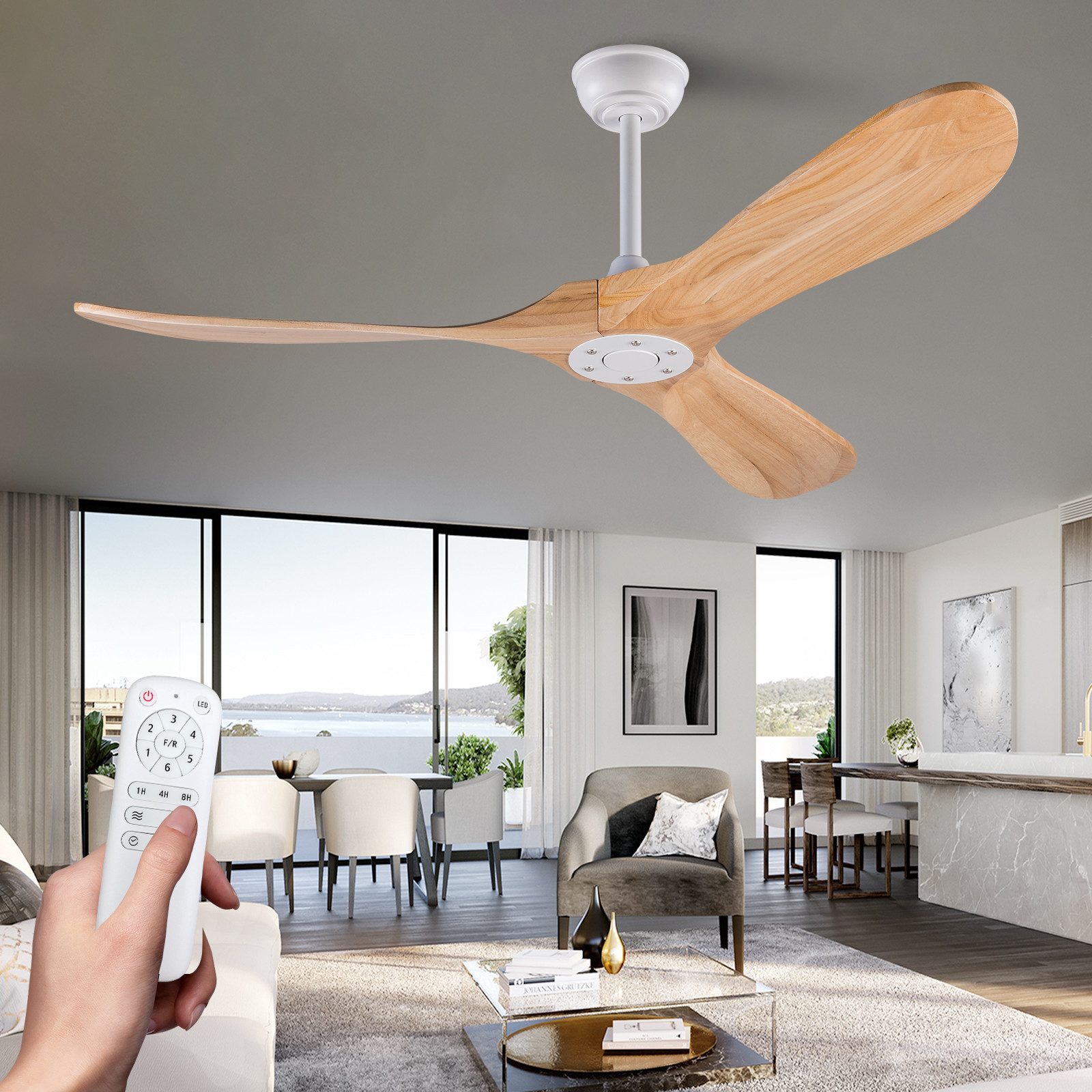 FELIXLEO Carbonheizlüfter Deckenventilator 60" Naturholz, wasserdicht, extra groß, mit Fallrohr