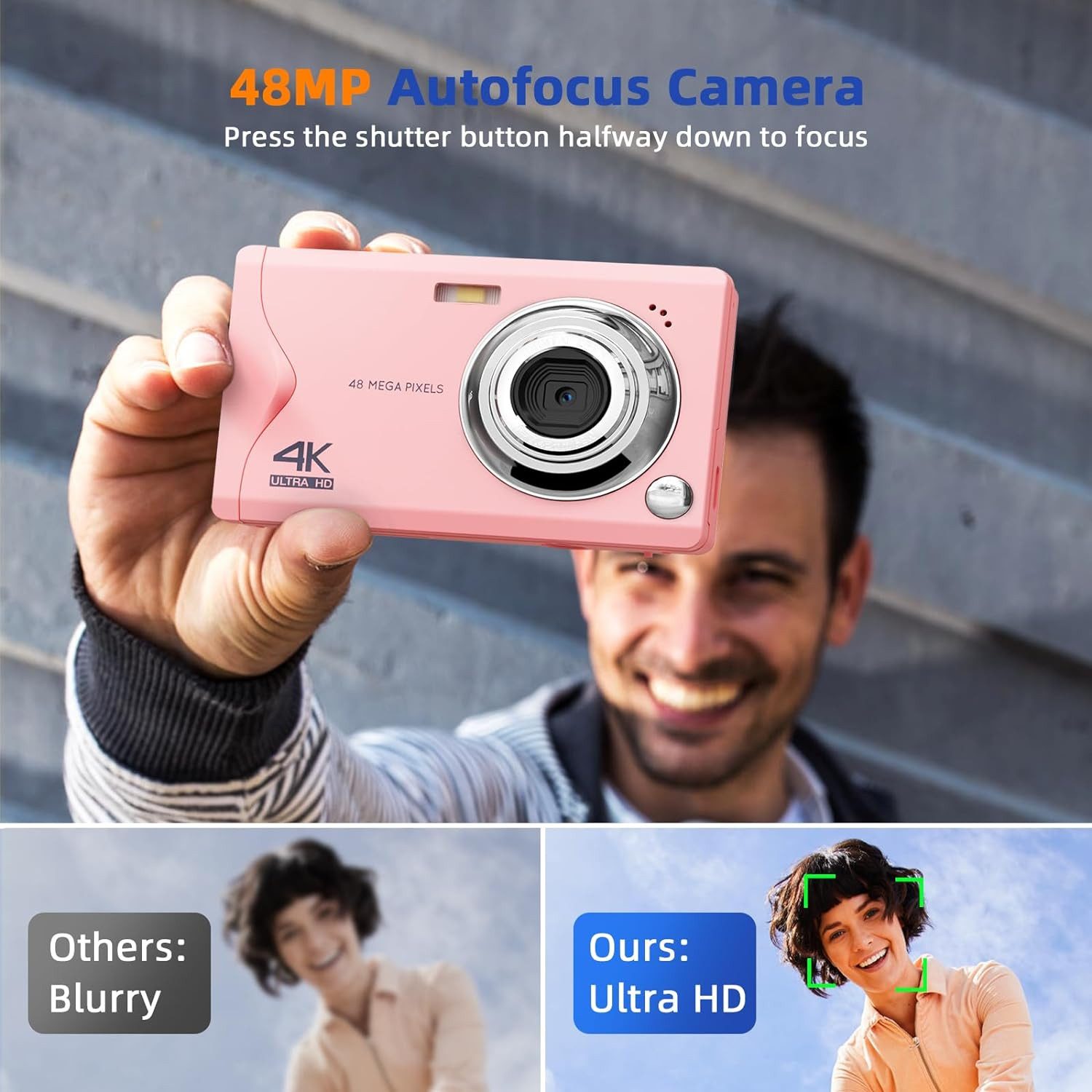 FANNOU Digitalkamera 48MP 1080P FHD Fotokamera Kompaktkamera (inkl. mit Autofokus 16X Digitalzoom Fotoapparat Tragbare, Kompaktkamera mit 32GB SD-Karte für Kinder Teenager Anfänger Geschenk)