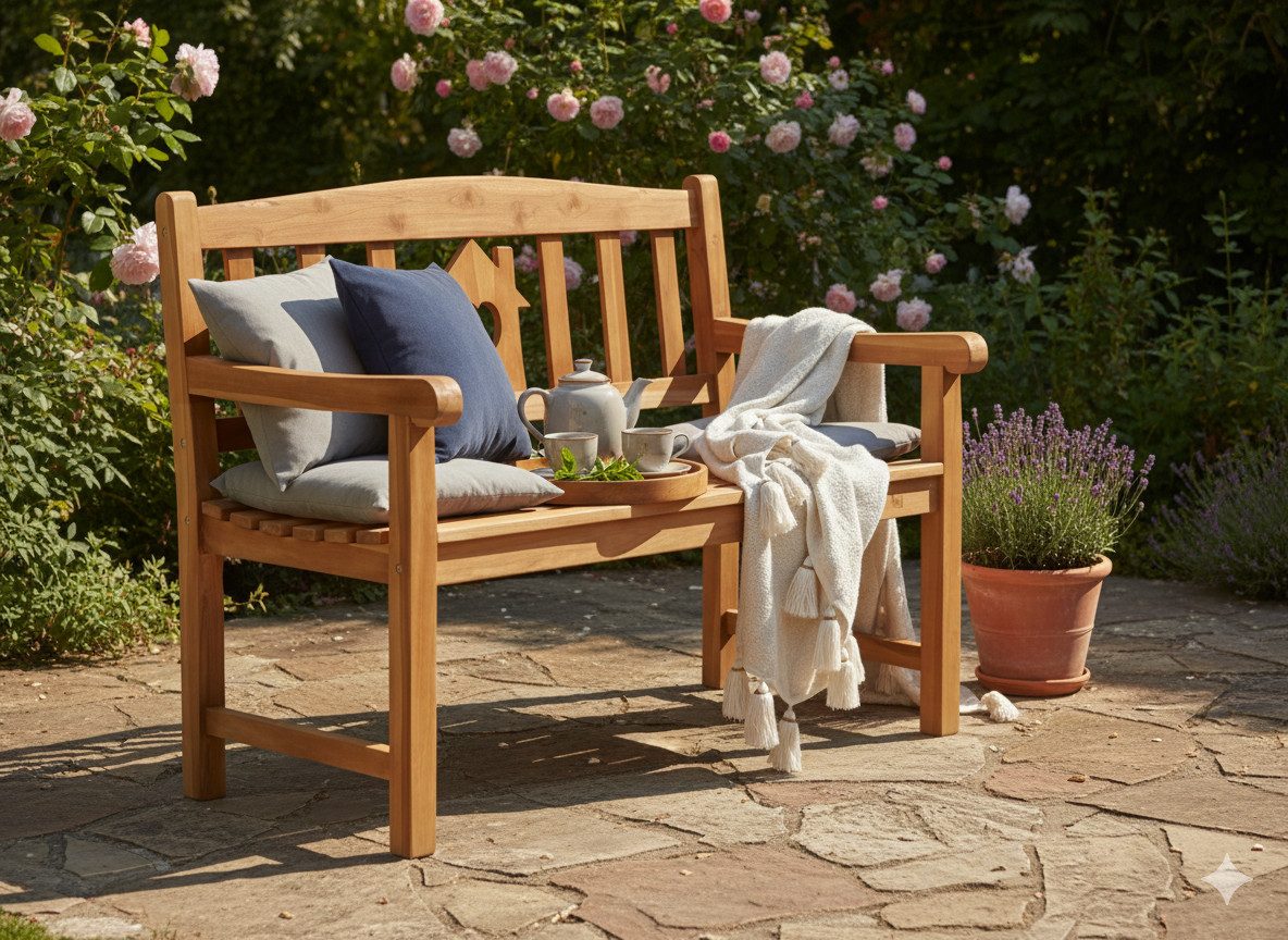 Garden Pleasure Gartenbank Gartenbank Teak 2-Sitzer HOME mit Haus & Herz Design