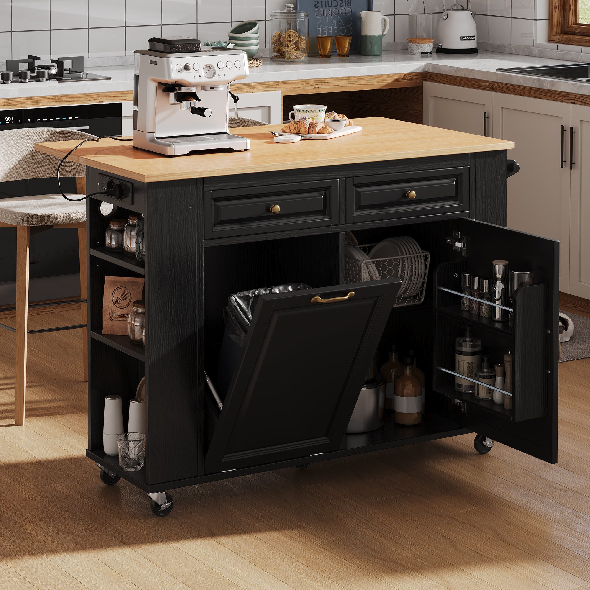 Odikalo Küchenwagen Kücheninsel Esstisch ausziehbar, Rollen, (2 AC-Steckdosen + 1 USB + 1 USB-C, 5 Rollen (2 feststellbar), ausklappbare Platte 120×40–70 cm (Tragkraft 60 kg), Handtuchhalter, Mülleimerfach (Eimer nicht inkl)