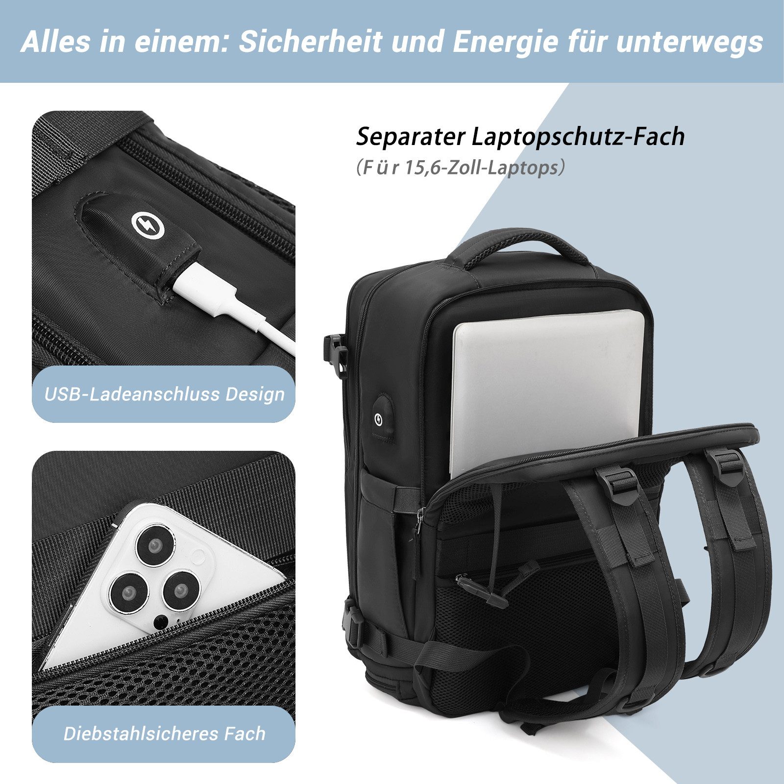 KONO Reiserucksack Handgepäck Laptop Rucksack 42x30x20,25L mit Schuhfach für Reisen&Sport – Bild 3 von 5