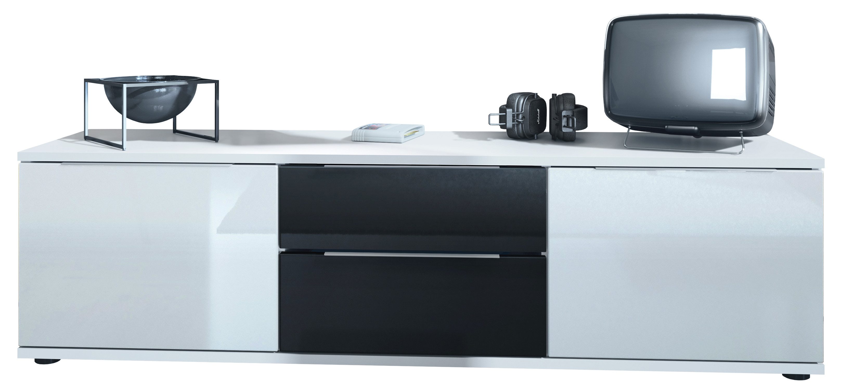Vladon Lowboard Linio V1 (Fernsehtisch, mit 2 Türen und Schubladen), Weiß / Schwarz Hochglanz (138,5 x 37,5 x 35 cm)