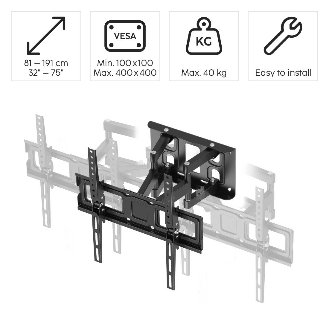 Hama TV-Wandhalterung TV-Wandhalterung vollbeweglich 32 bis 75 Zoll 55 65 75 bis 40 kg, (bis 75 Zoll, Schwenkbar 160 Grad, neigbar 15 Grad, ausziehbar)