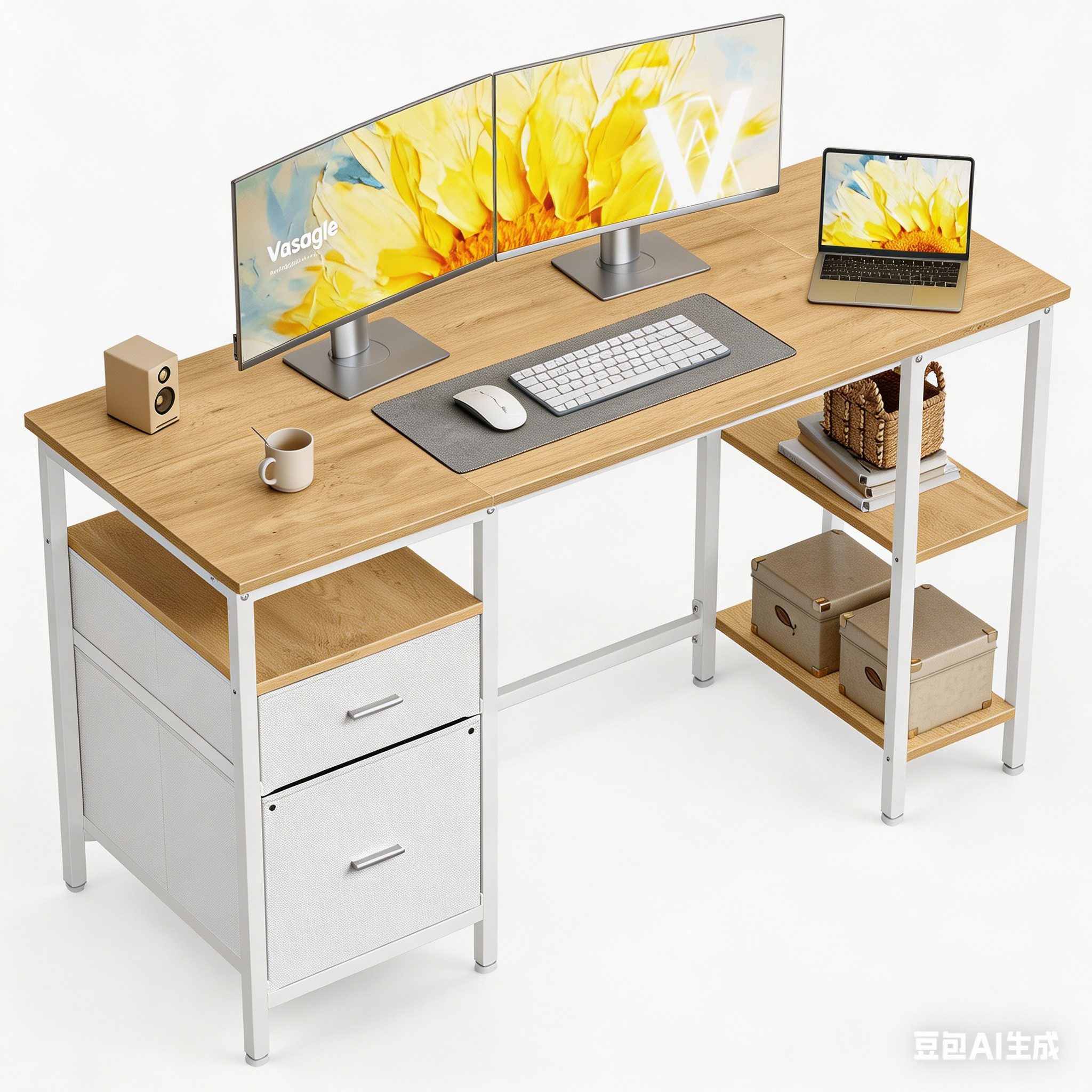 VASAGLE Schreibtisch Computertisch, Bürotisch, mit 3 Ablagen, 2 Schubladen, 127 cm, fürs Büro, Wohnzimmer, moderner Stil