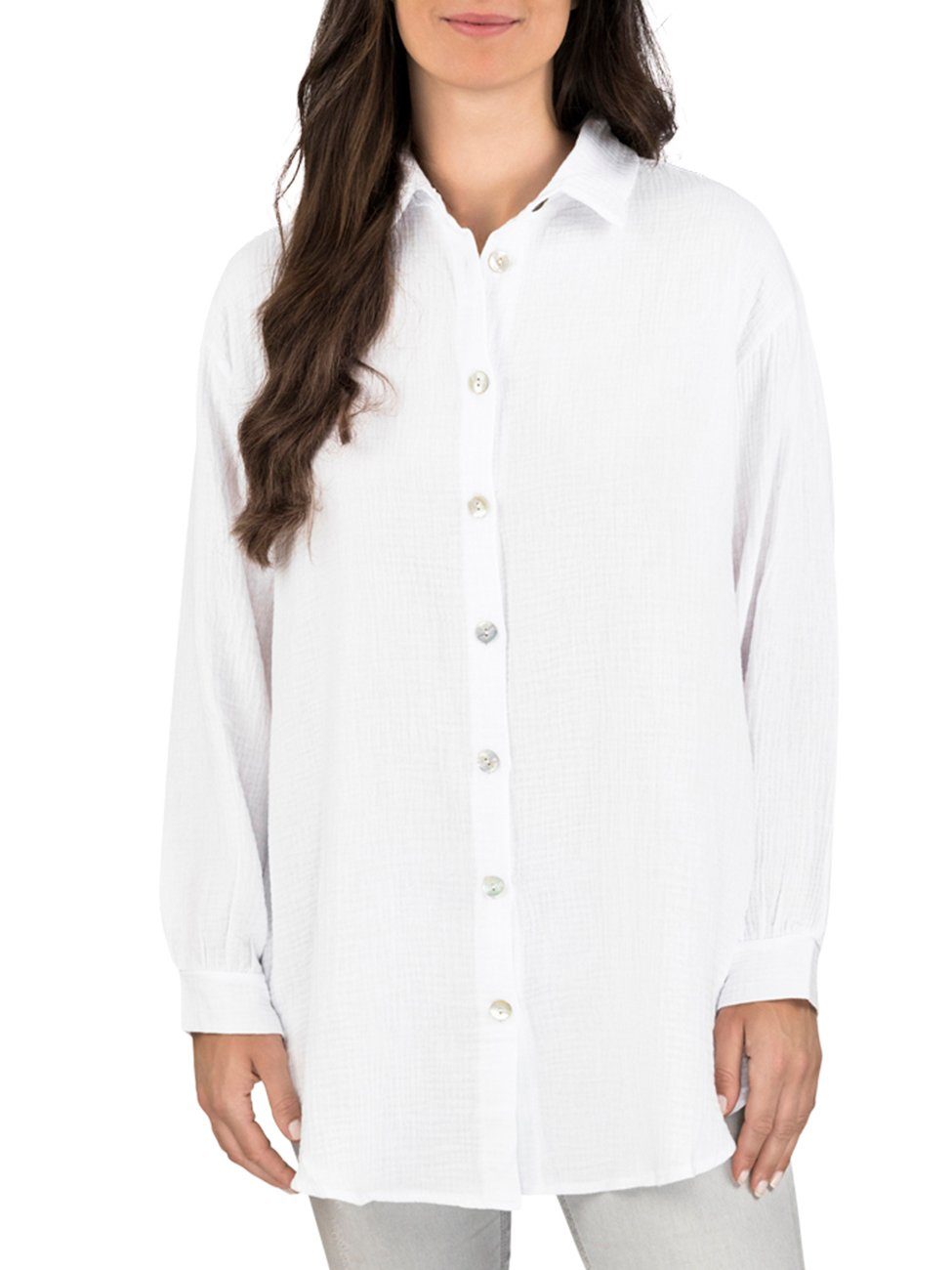 DENIMFY Hemdbluse Damen Bluse DFMathilda Oversize Fit Basic Musselin Hemd aus 100% Baumwolle White (6200)