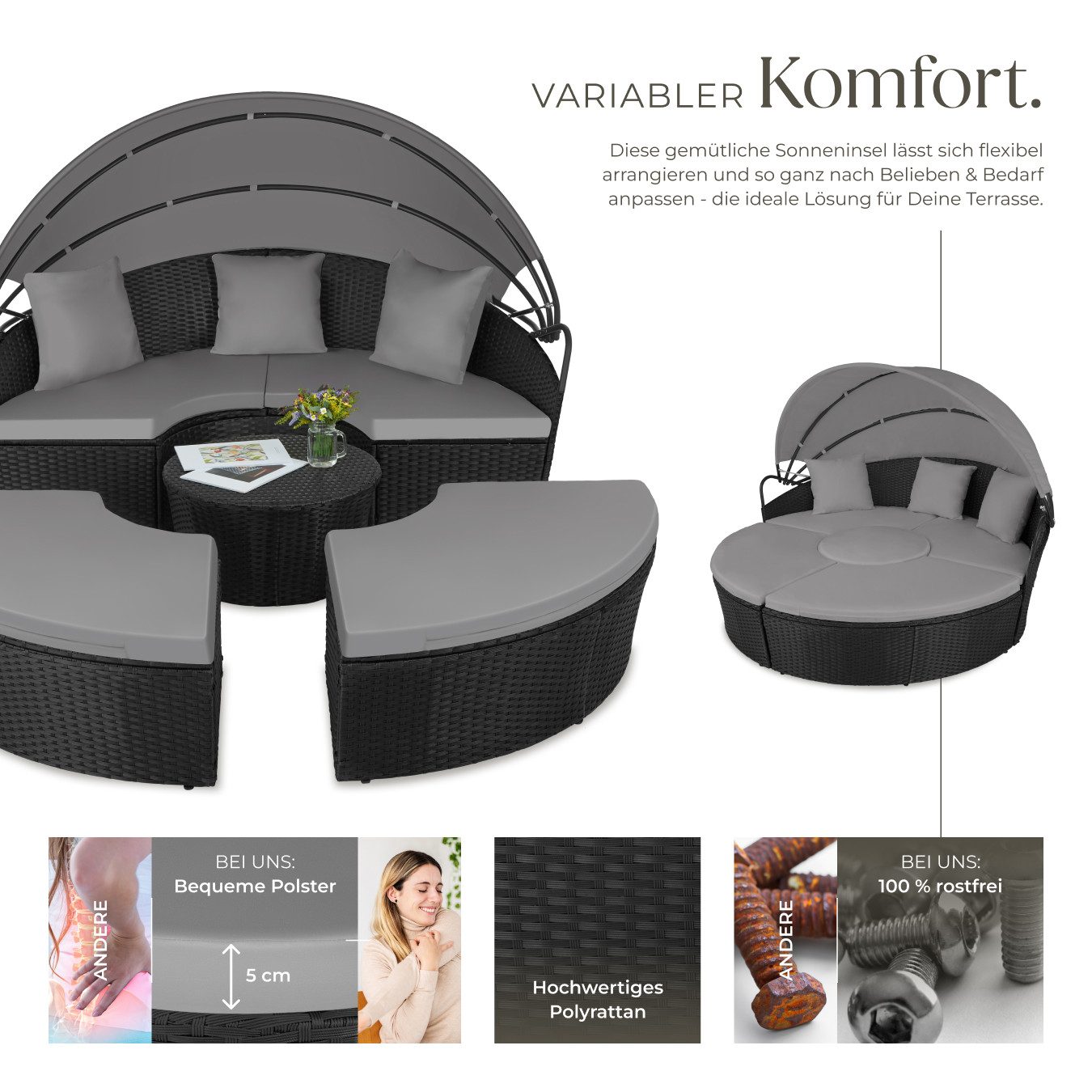 tectake Loungeset Rattan Sonneninsel Santorin - UV-beständig und widerstandsfähig, (Gartenlounge-set Santorin, 5-tlg., geeignet für Outdoor in Schwarz), klappbares Sonnendach & höhenverstellbare Füße