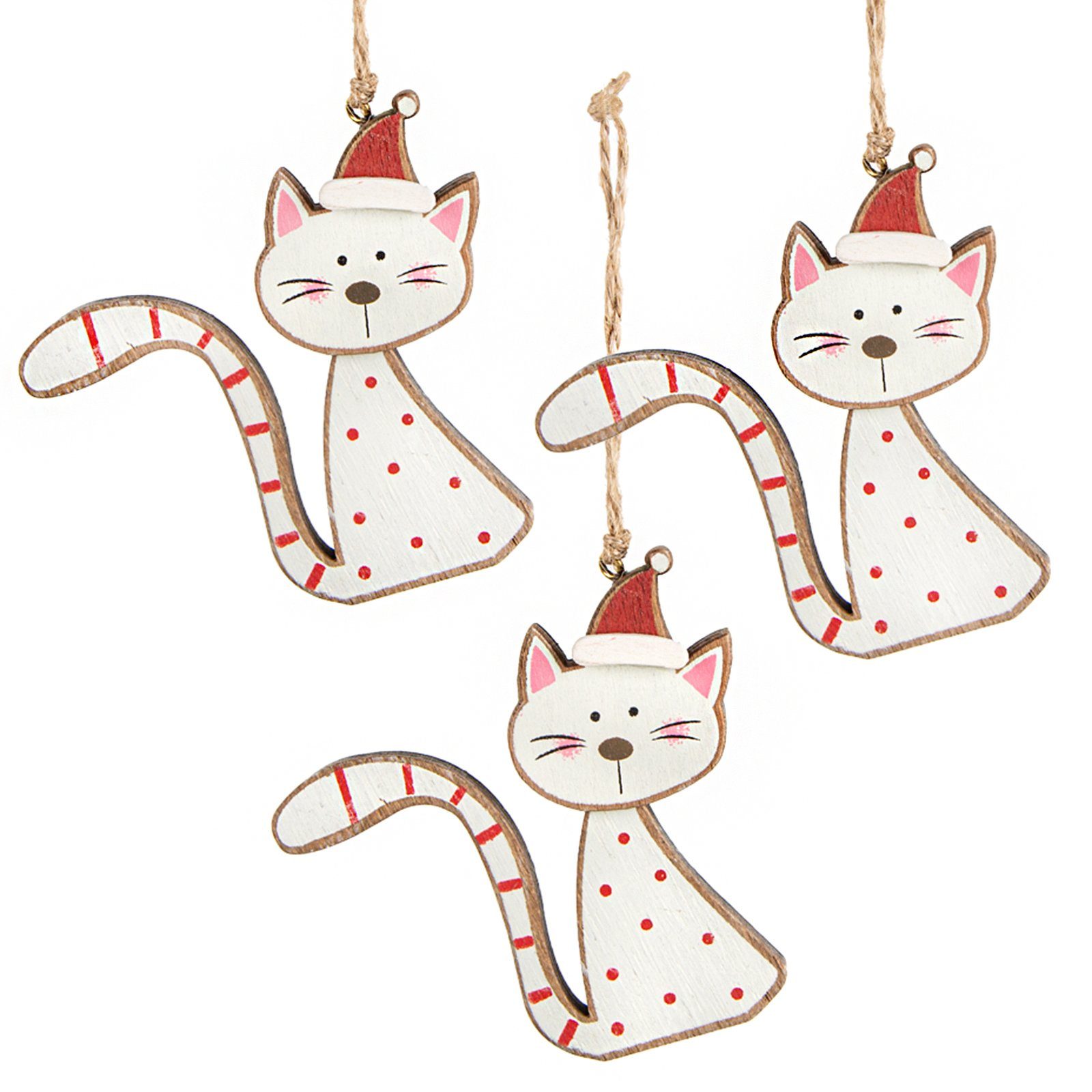Logbuch-Verlag Baumbehang 3 Katzen Weihnachtsanhänger Weihnachtskatzen 7cm (3 St), rot weiß mit Schnur für Katzenliebhaber
