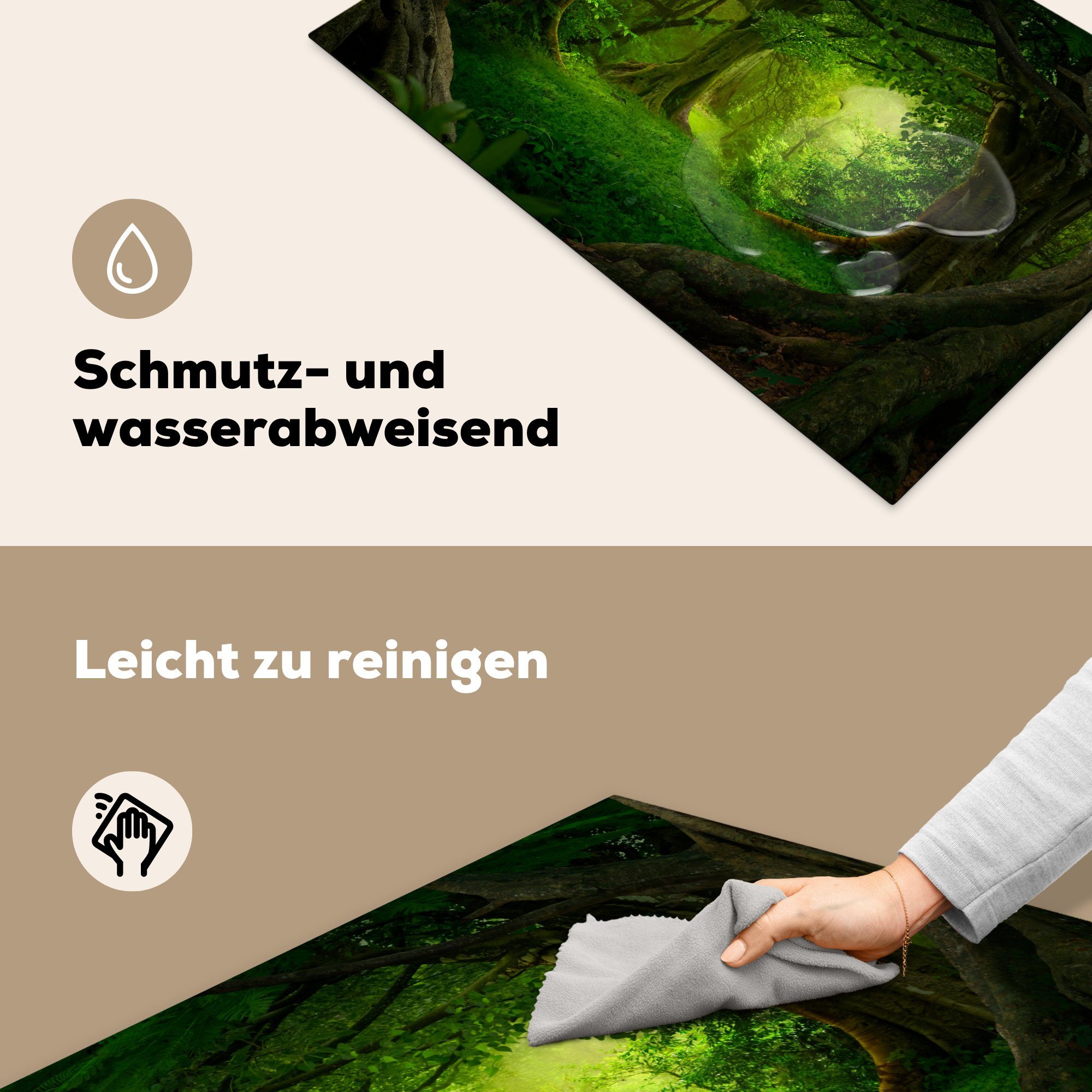 Natur, für Wald Vinyl, Ceranfeldabdeckung, - Grün - (1 - 81x52 Arbeitsplatte MuchoWow - Landschaft Herdblende-/Abdeckplatte cm, tlg), Bäume küche