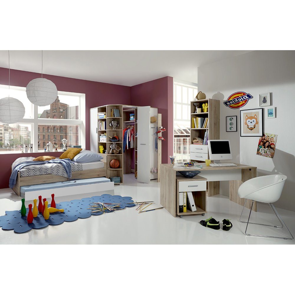 Lomadox Jugendzimmer-Set JOHANNESBURG-43, (Sparset, 7-tlg), San Remo Eiche Nb. und weiß, begehbarer beleuchteter Eckkleiderschrank