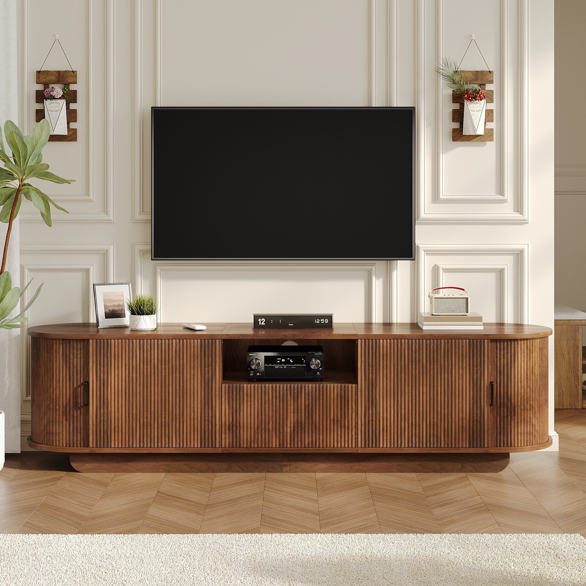 Merax Lowboard mit 3D-Wellenstruktur, Kabelöffnung & abgerundetem Design (Wohnzimmer Fernsehtisch in Walnussoptik, 1 St), TV-Schrank mit Schiebetüren, Schublade & offenem Fach, 180x40x50cm