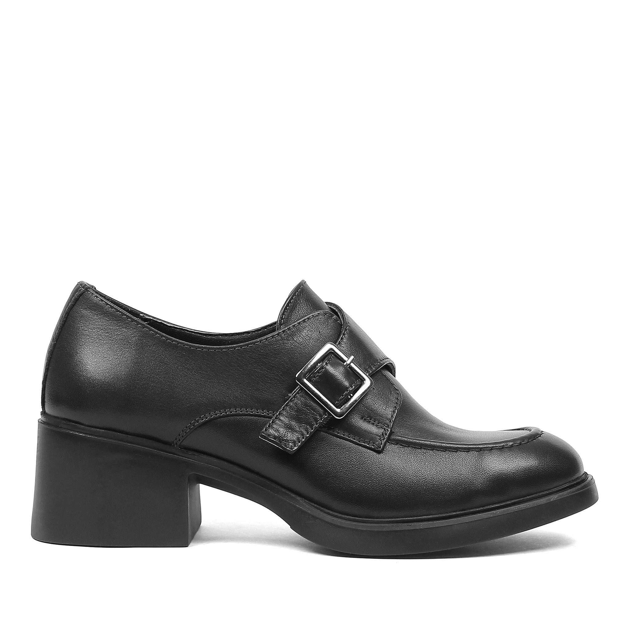 Celal Gültekin Schnallenriemen Blockabsatz Rundspitze Damen Hochfrontpumps Leder, 6 cm Blockabsatz, Schwarz, 38