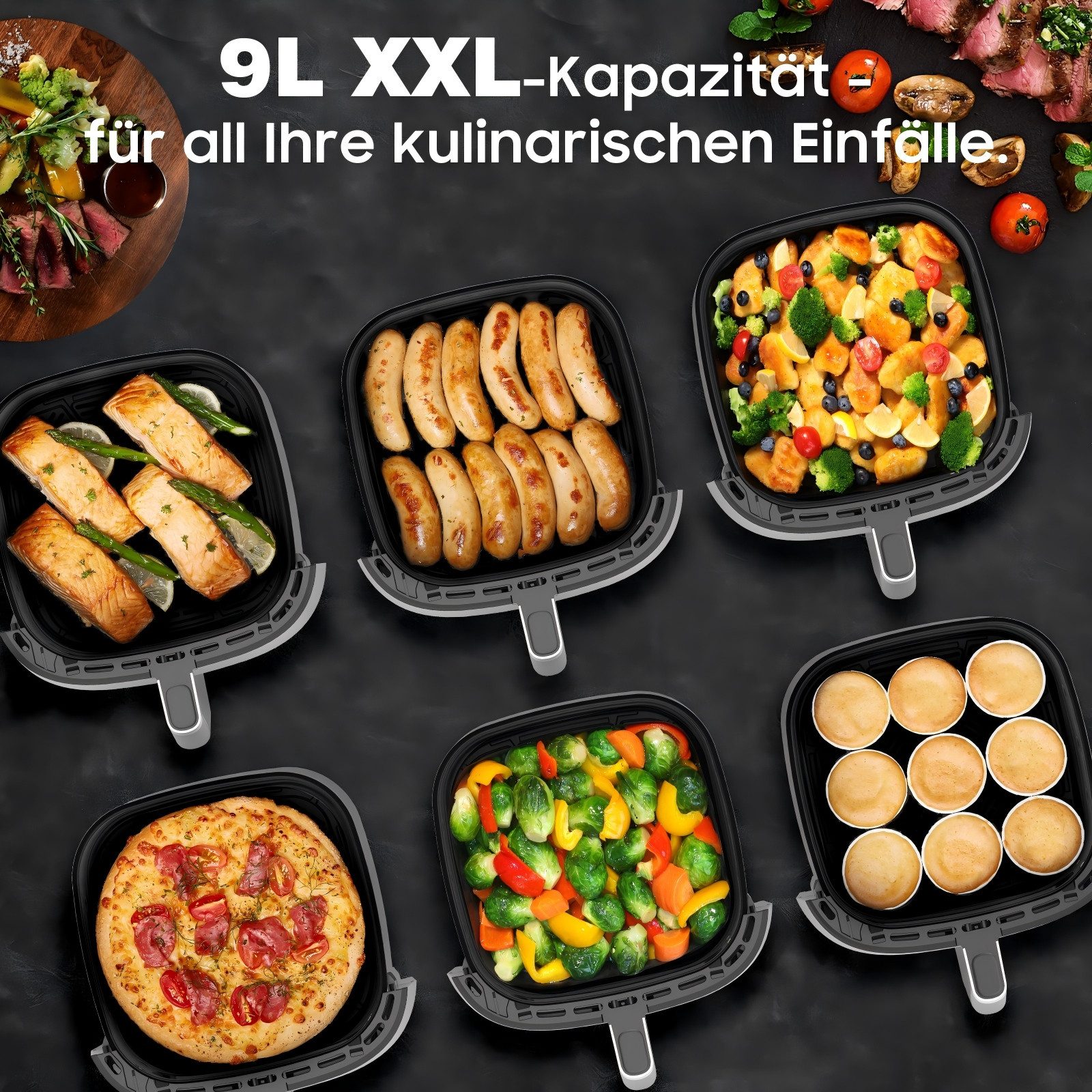 AIMAX Heißluftfritteuse XXL 9L Airfryer mit Touch-Display, 9 Programmen, einstellbarer Zeit und Temperatur, spülmaschinengeeignet, 2350 W, 40–200 °C,360° Heißluft-Technologie, Fettarm
