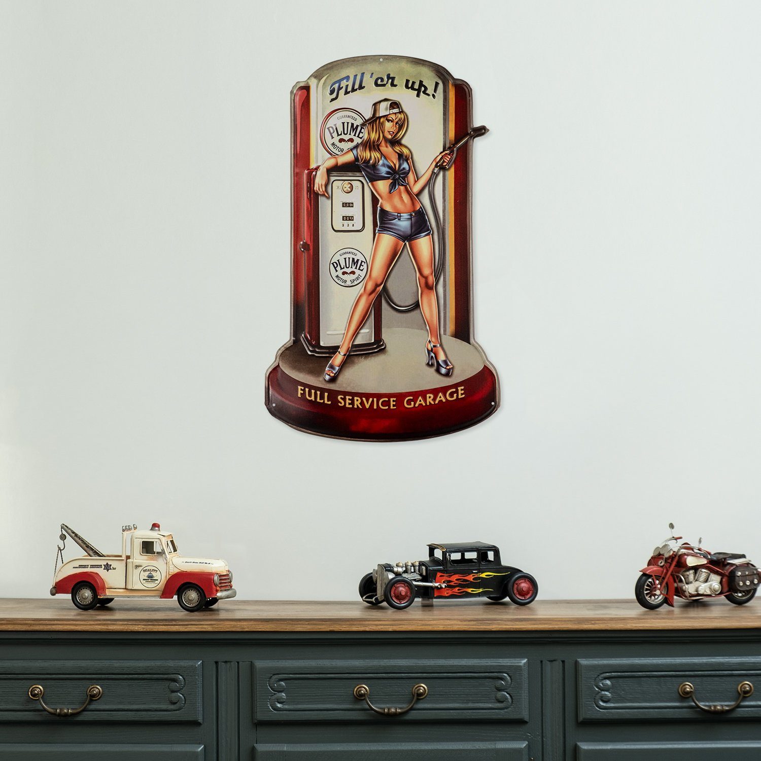 Moritz Metallschild Gas Station Frau Car Girl Zapfsäule USA Amerika, Vintage Retro Deko Schild Metallschild Wandbild Schild