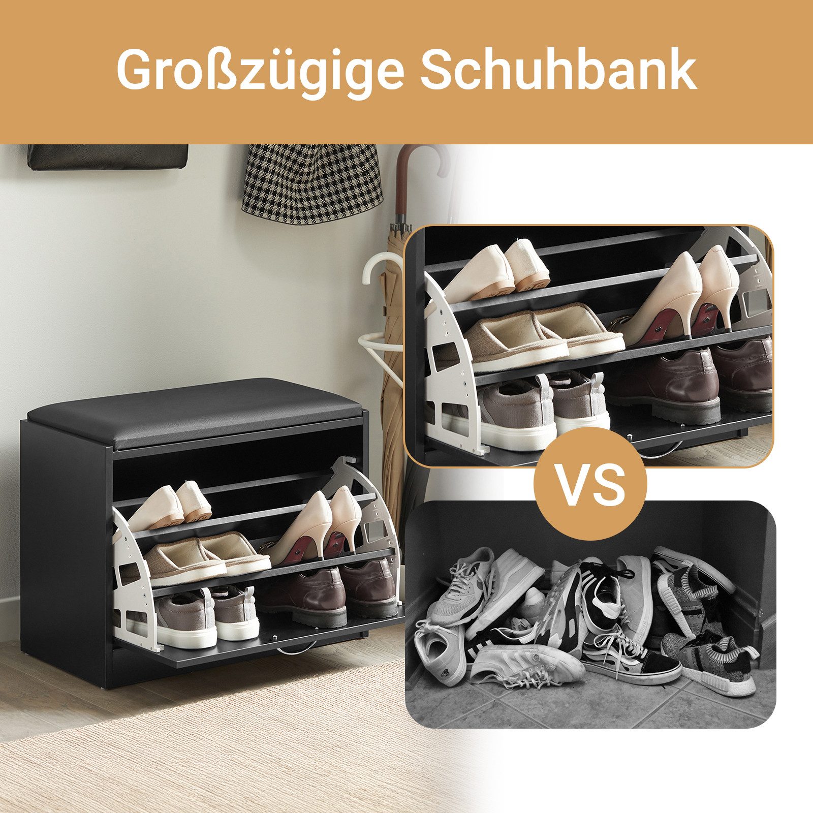 SoBuy Schuhbank FSR16, Schuhorganizer, mit gepolstertem Kissen, für Flur, Eingang, Sitzbank mit Sitzkissen Schuhregal Schuhkipper mit 1 Klappe