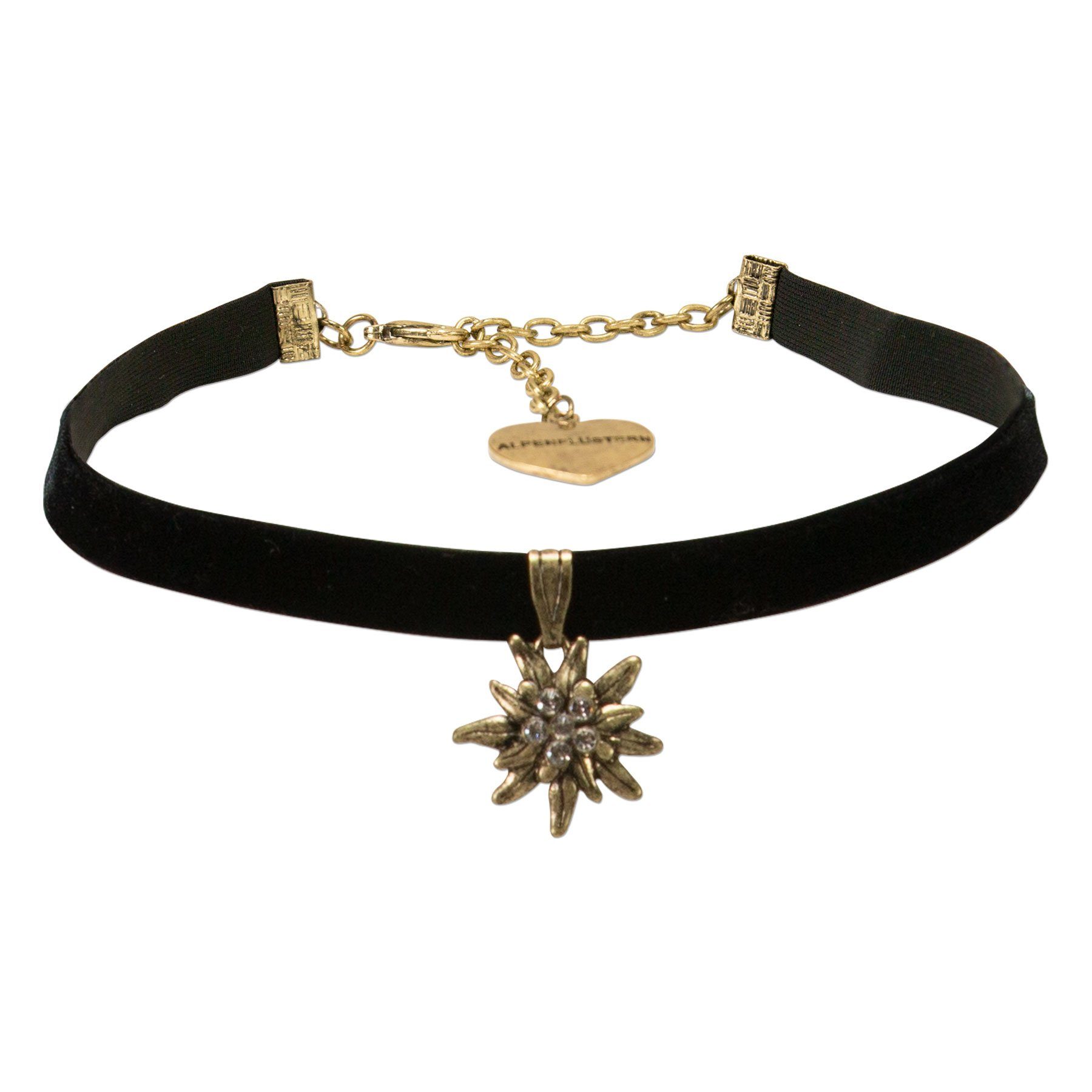 Alpenflüstern Choker Trachten-Samt-Kropfband Strass-Edelweiß klein antik-gold-farben (schwarz), - Trachtenkette enganliegend, Kropfkette elastisch, Damen-Trachtenschmuck, Samtkropfband schmal
