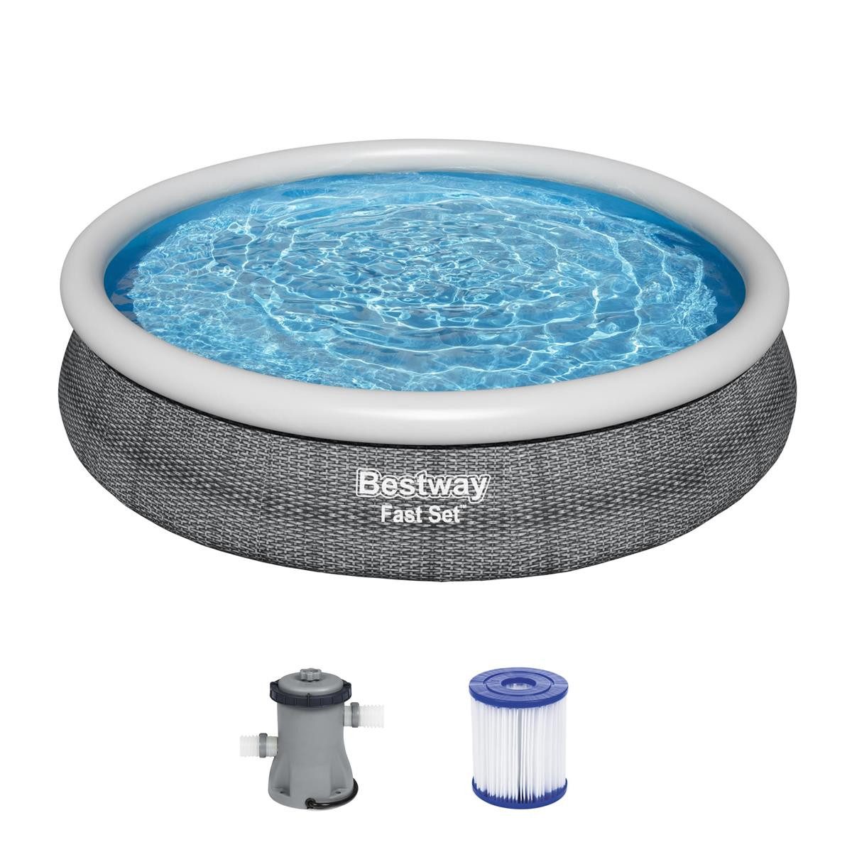 Bestway Quick-Up Pool Fast Set™ Aufstellpool, Größe: Ø 366 x 76 cm, 5.377 Liter, Komplett-Set mit Filterpumpe