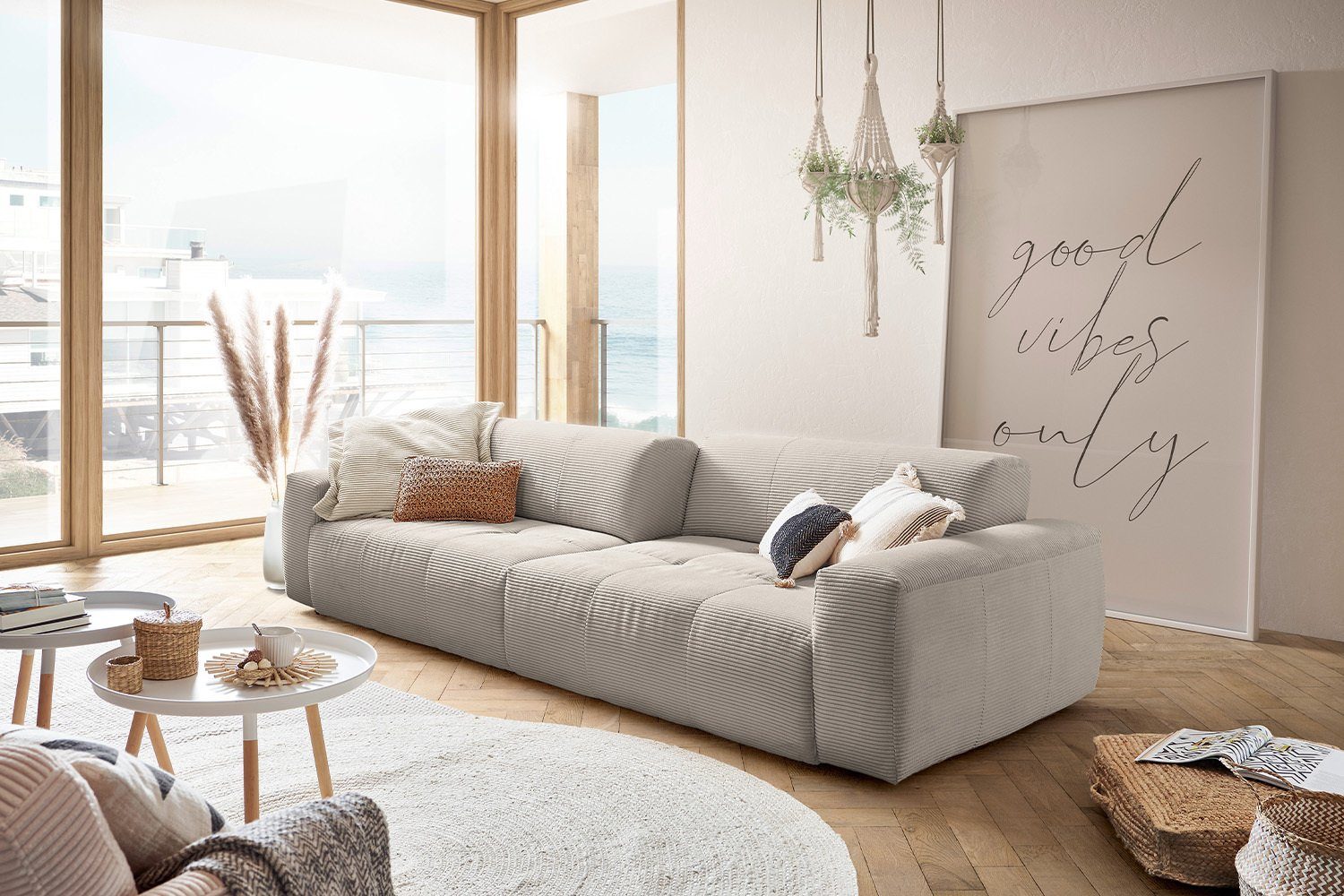 KAWOLA Sofa steingrau Sitztiefenverstellung mit Big 3-Sitzer Farben PALACE, Cord versch.