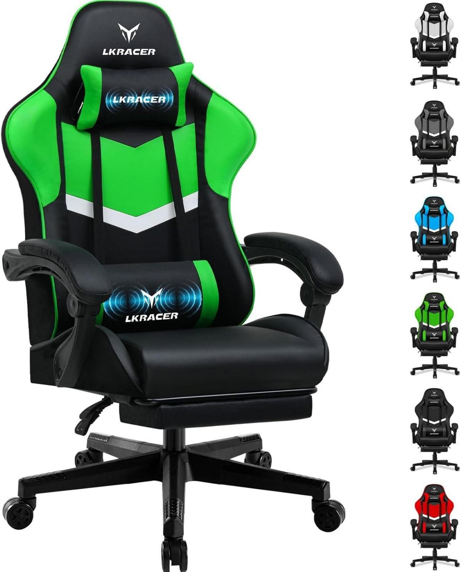 Gaming-Stuhl Gaming Stuhl mit Fußstütze Ergonomisch Lendenkissen Kopfkissen Grün