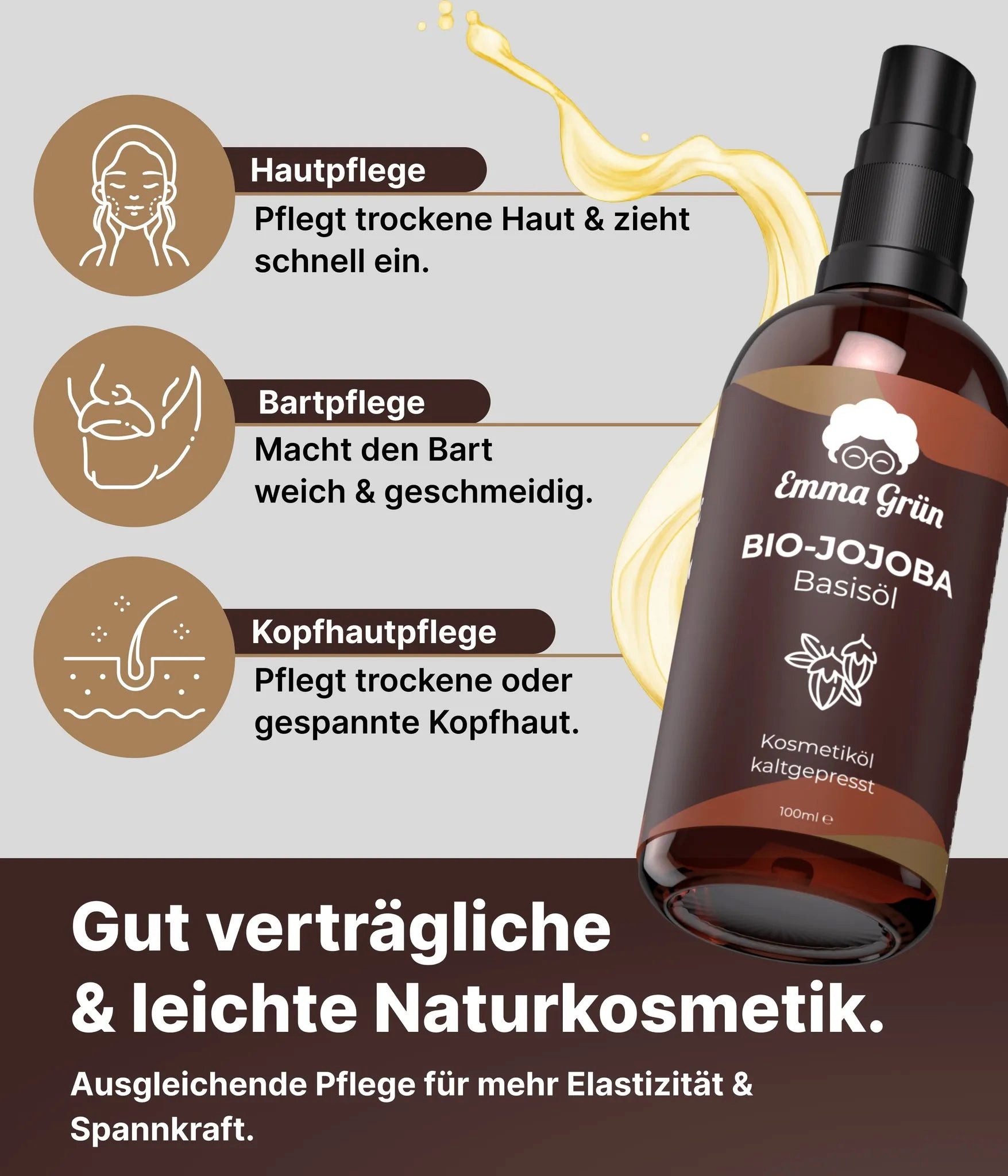 Emma Grün Körperöl Bio Jojobaöl Kaltgepresst 100ml [100% REIN], ‎Spendet Feuchtigkeit, zieht schnell ein, vielseitig einsetzbar