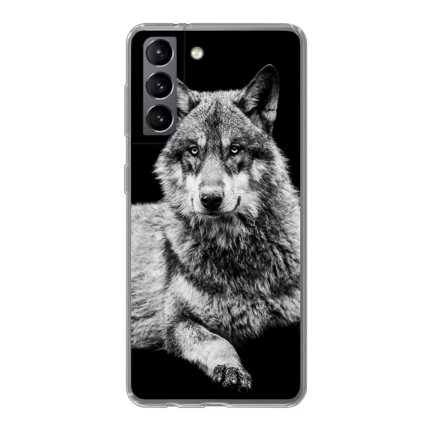 MuchoWow Handyhülle für Samsung Galaxy S21 Wildlife - Wolf - Schwarz - Weiß, Phone Case, Silikon, Schutzhülle Dünn