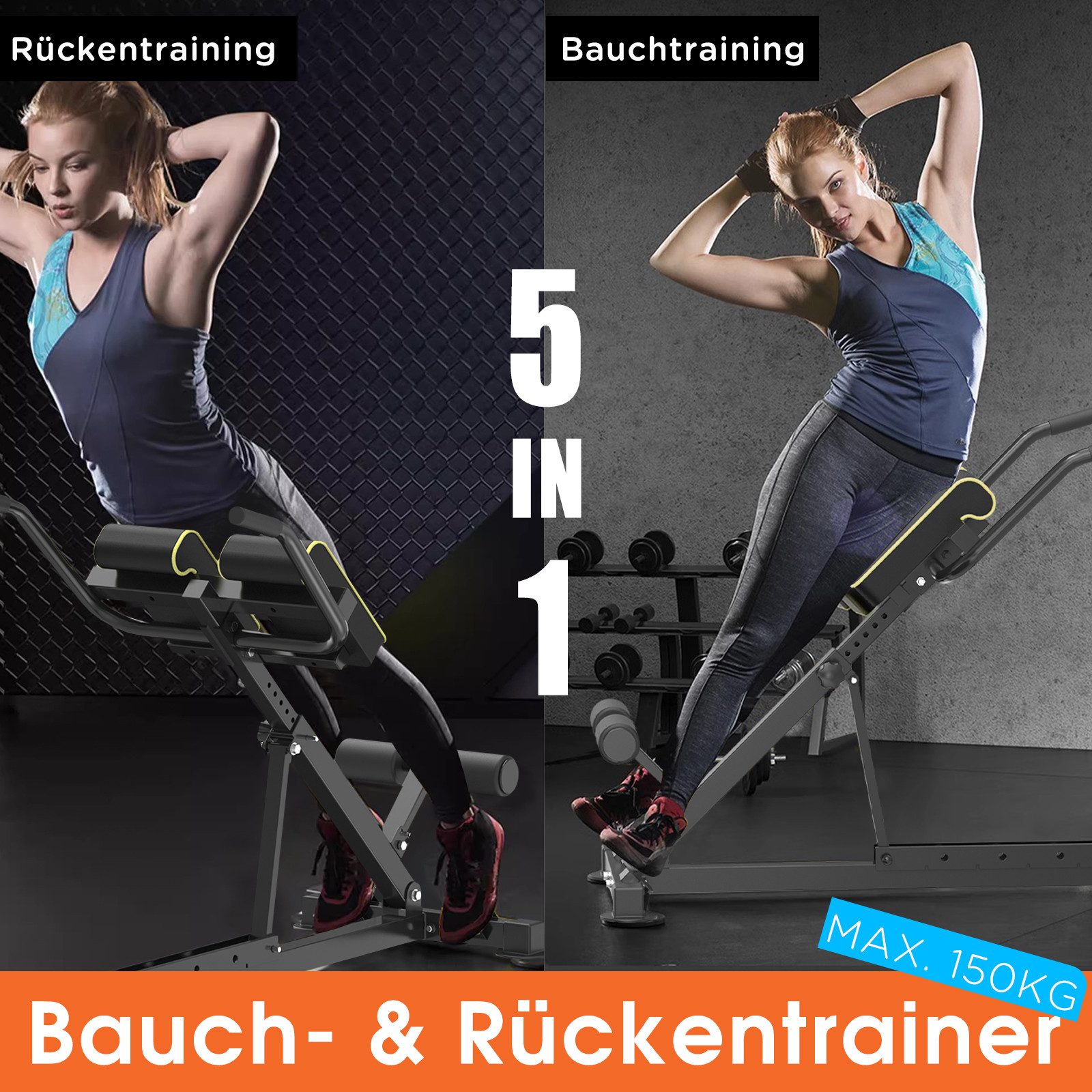 DH FitLife Rückentrainer 5in1 für zuhause, Bauchmuskeltrainer & Rückentrainer, (Klappbarer Verstellbarer Roman Chair bis 150KG, Hyperextension Bank), Multifunktionale Curlbank u. Hantelbank